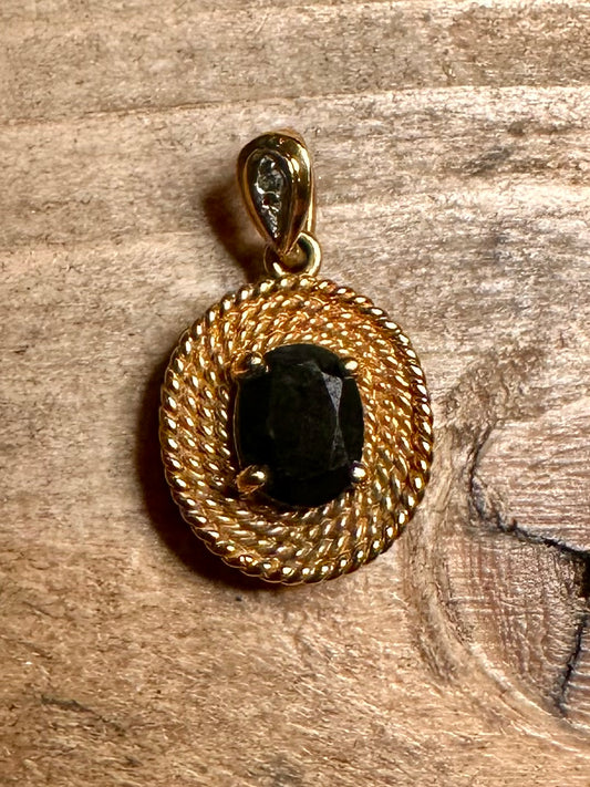 Vintage Dark Blue and White Oval Gold on 925 Silver Pendant