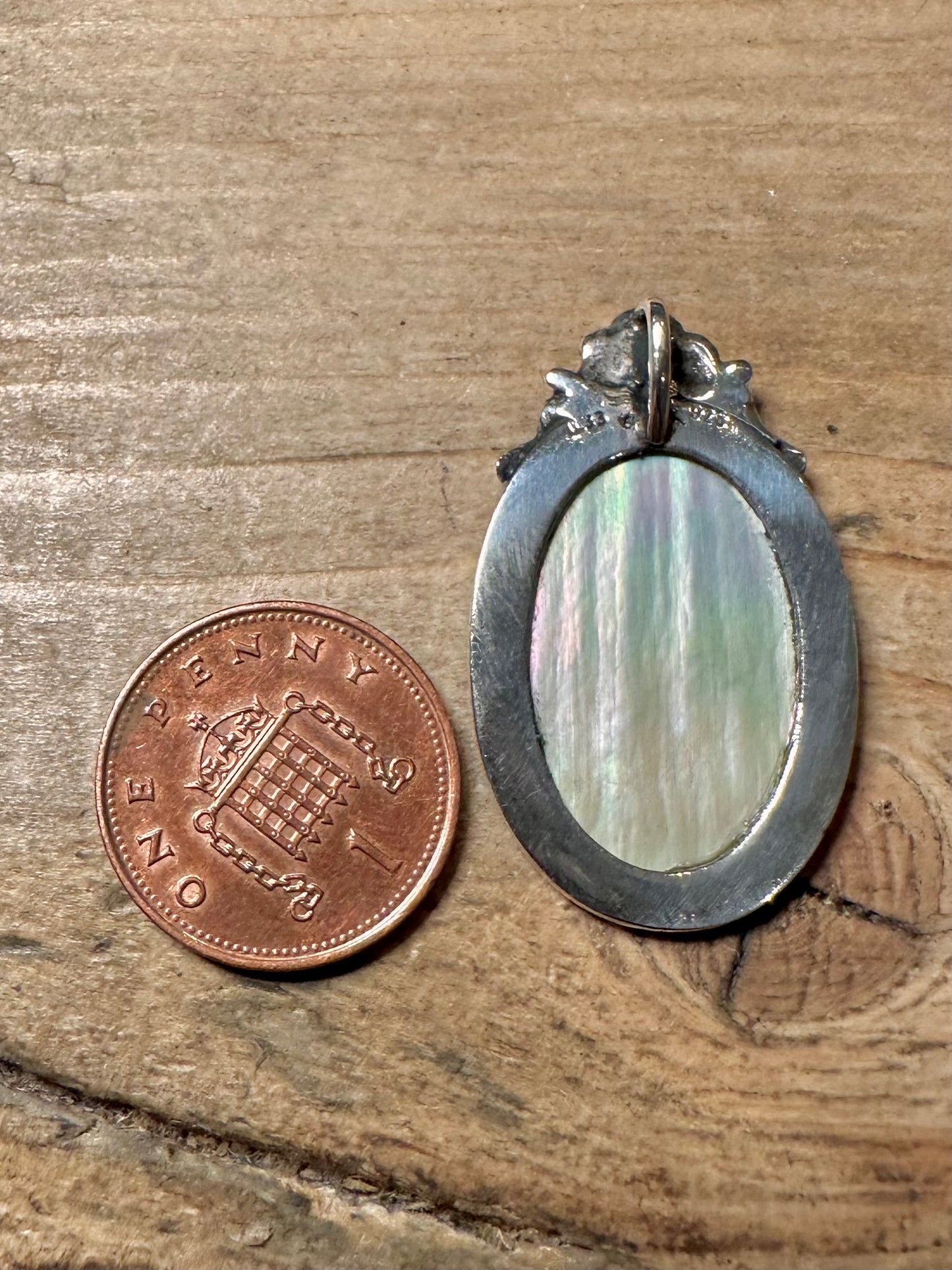 Arts and Crafts Mother of Pearl and Turquoise 925 Silver Pendant
