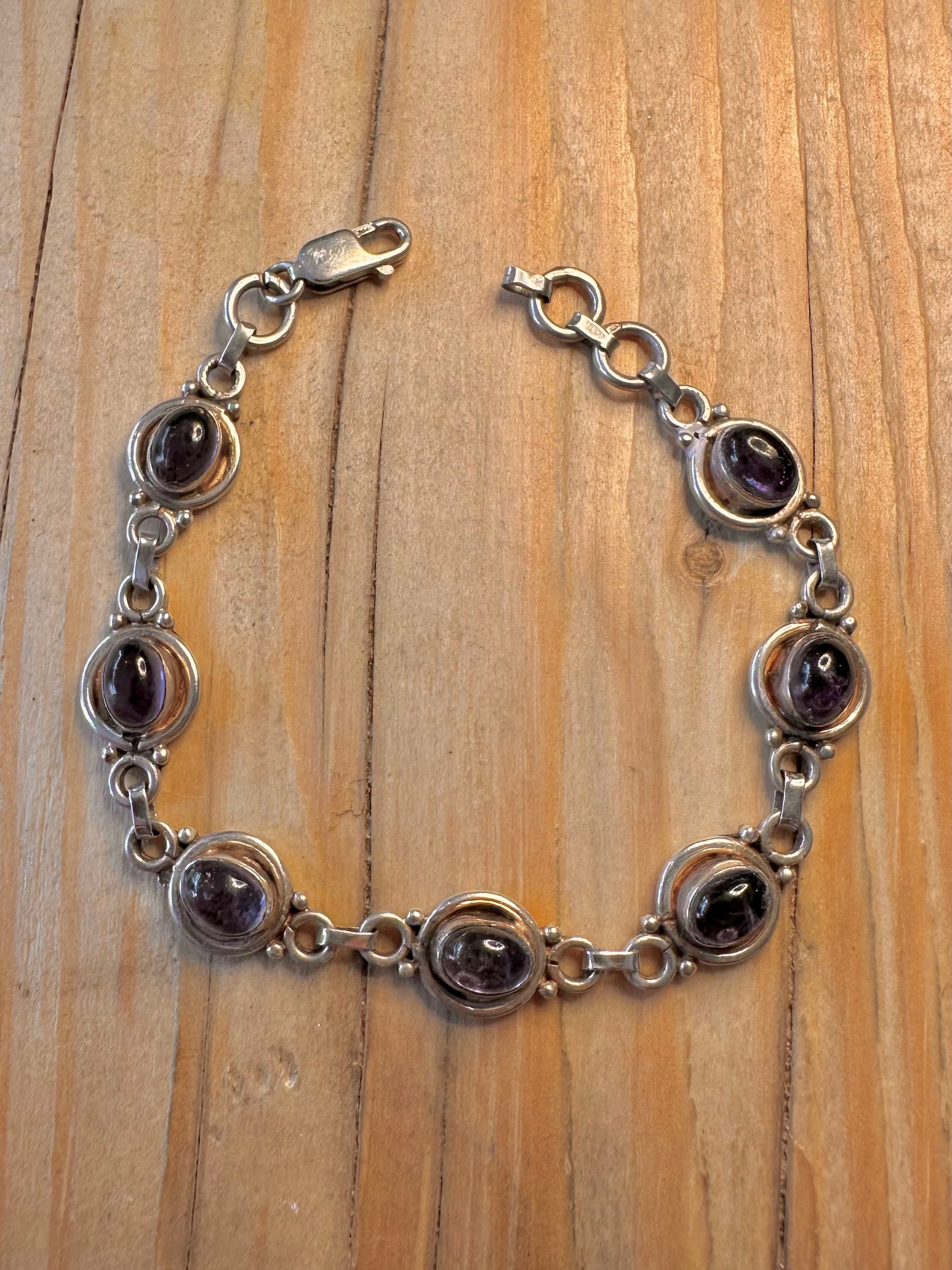 Vintage Amethyst Link 925 Silver 7 inch Bracelet