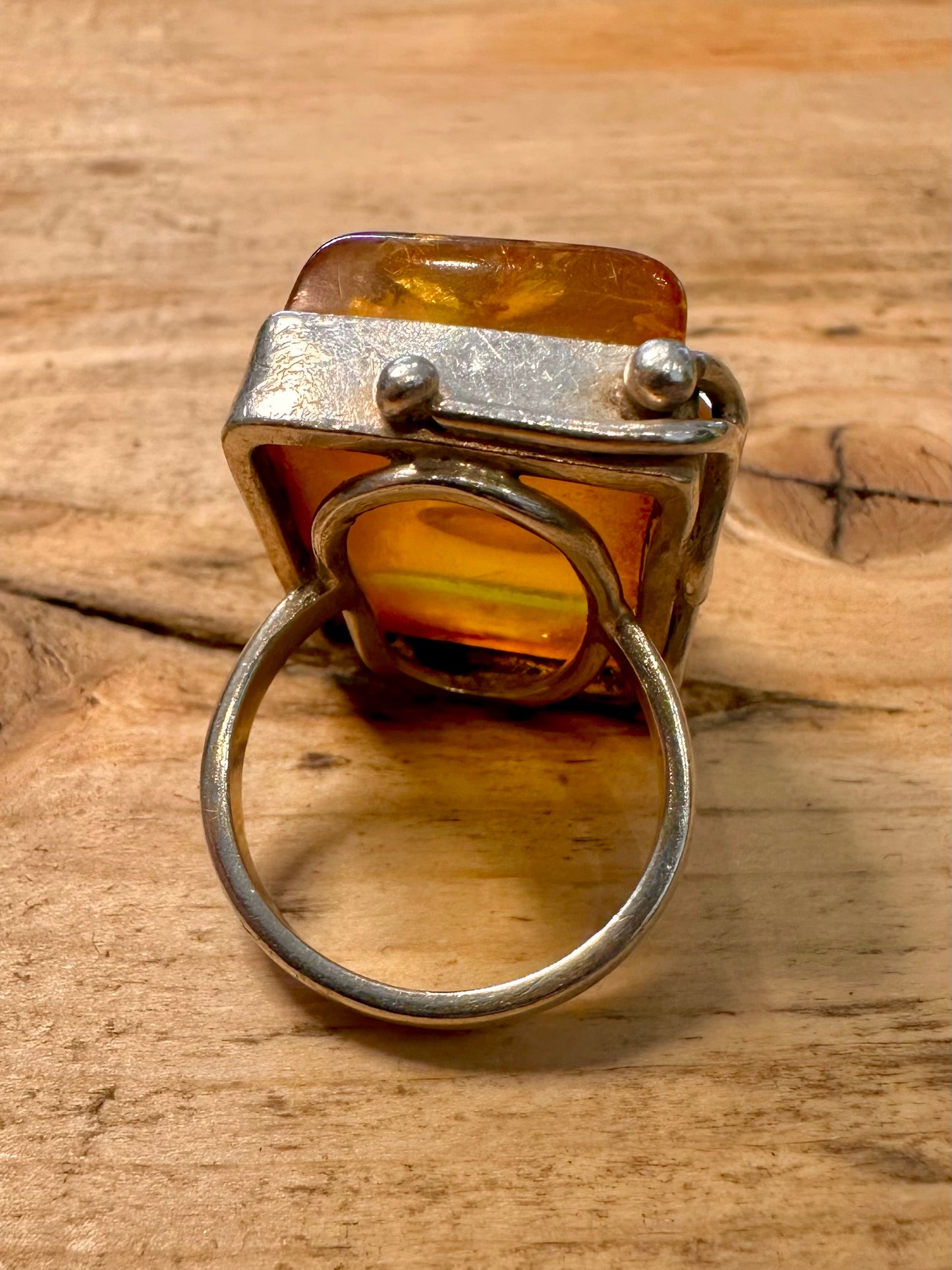 Vintage Large Amber Rectangle 925 Silver Size Q Ring
