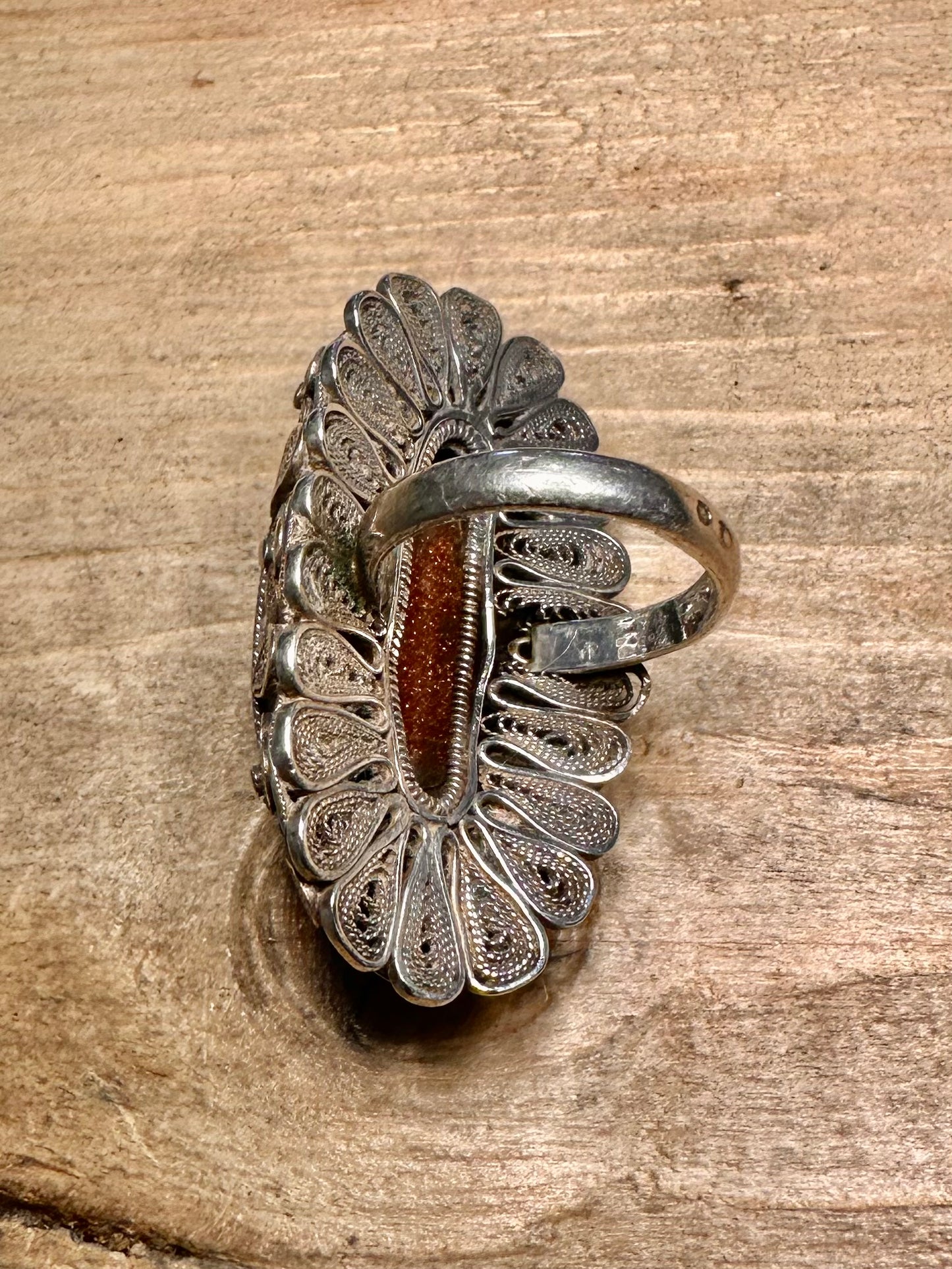Vintage Large Sunstone Filigree Design 925 Silver Size N Ring
