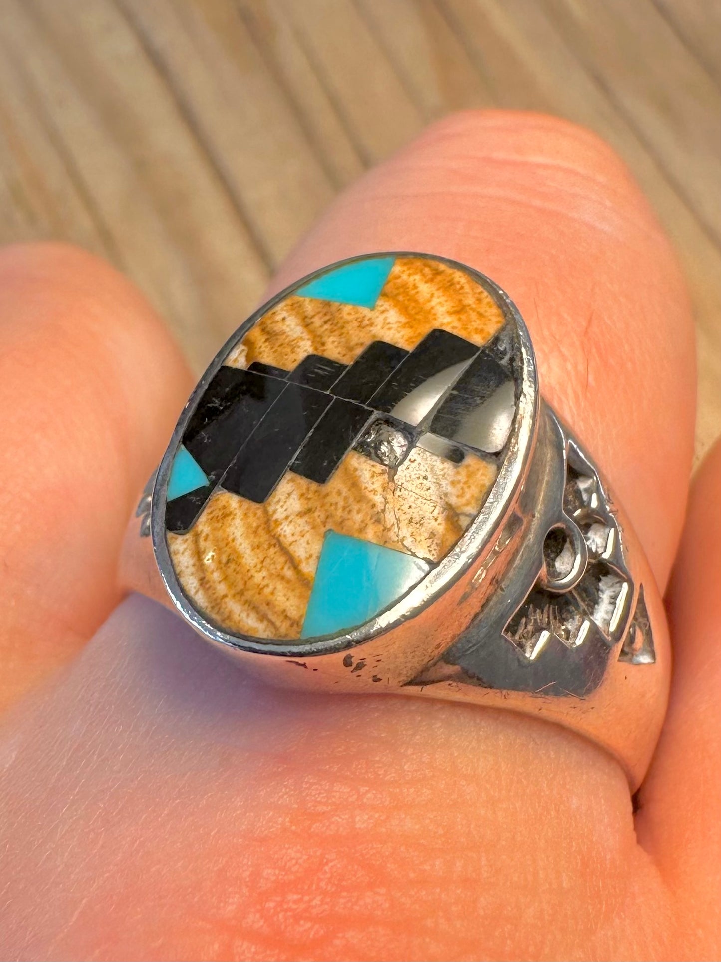 Vintage Native American Mosaic Inlay Signet 925 Sterling Silver Maker SS Size Z+3 1/2 Ring