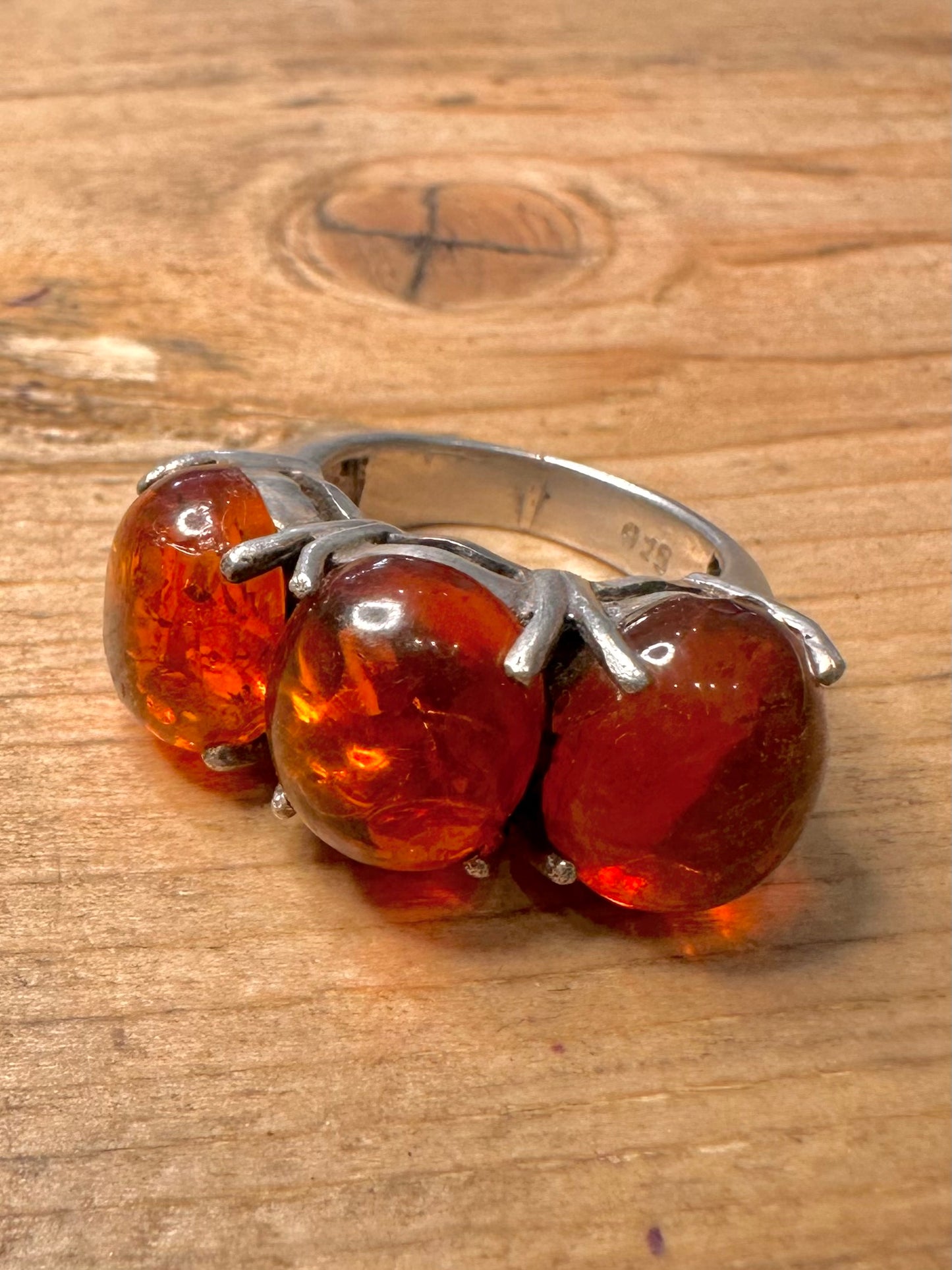 Vintage Amber Trio 925 Silver Size M Ring