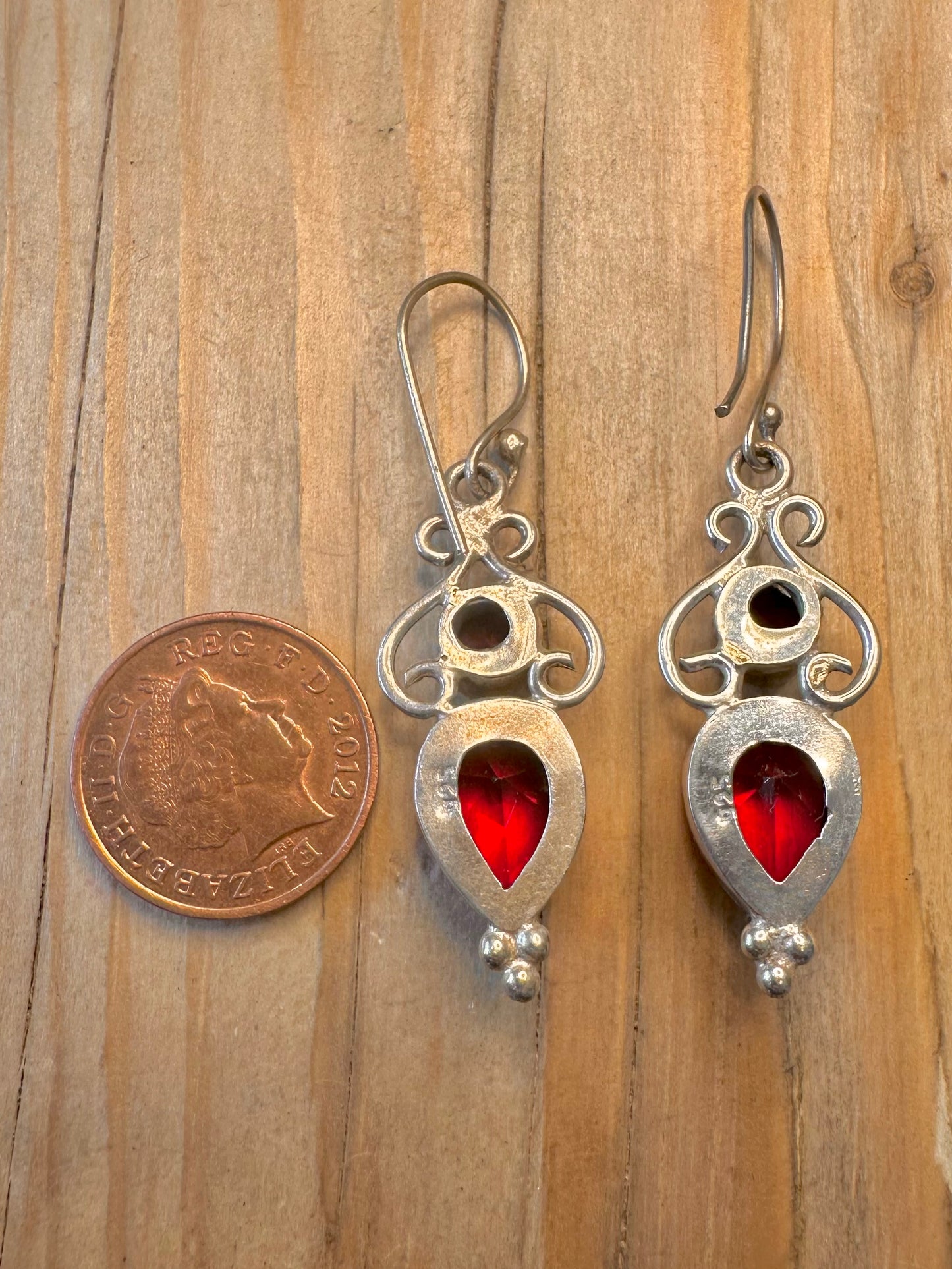 Vintage Red Stone Ornate Dangle 925 Sterling Silver Earrings
