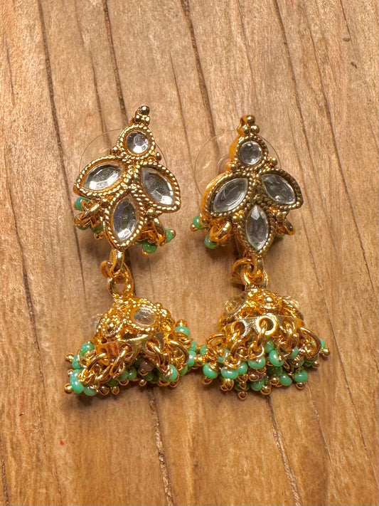 Vintage Indian Jhumka Blue Beads Gold Toned Costume Earrings