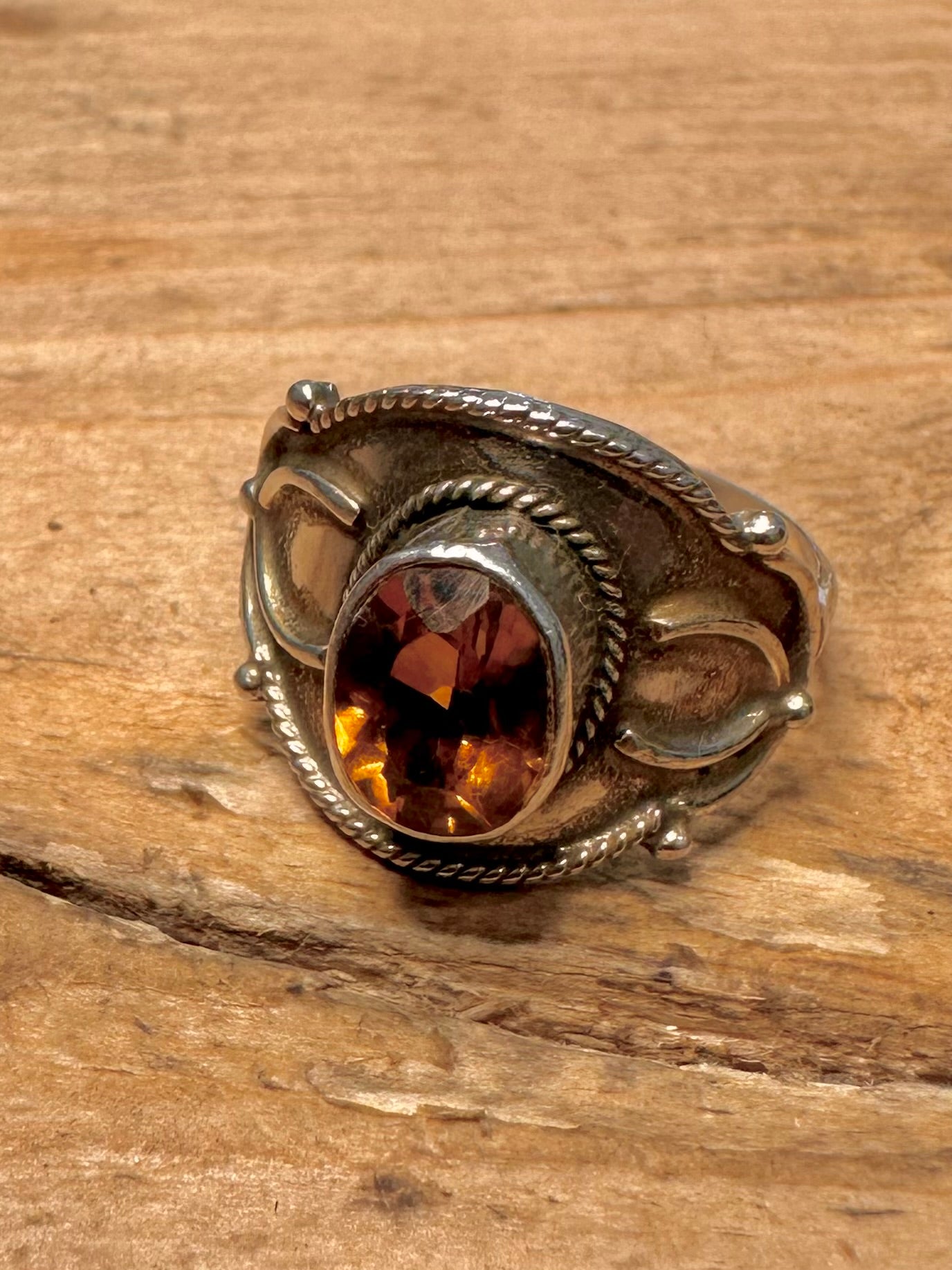 Vintage Citrine Boho 925 Silver Size S Ring
