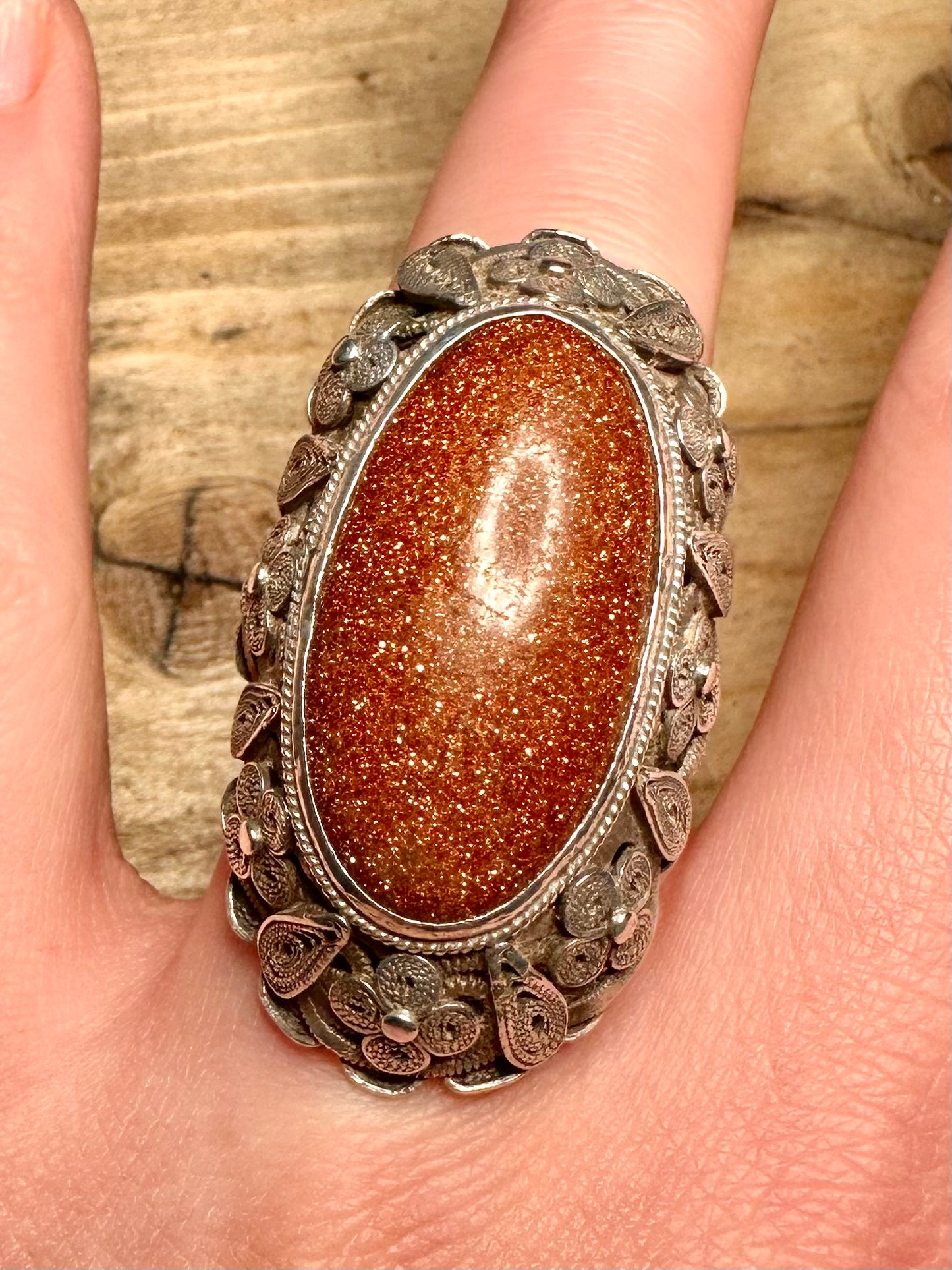 Vintage Large Sunstone Filigree Design 925 Silver Size N Ring