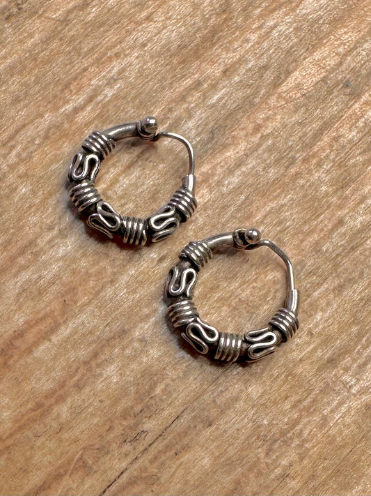 Vintage Tribal Small Hoops 925 Sterling Silver Earrings