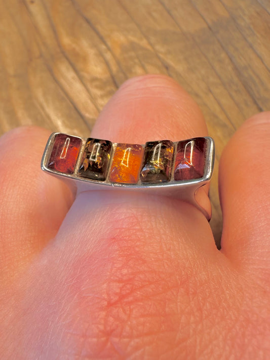 Curved Amber Rectangle 925 Sterling Silver Size X Ring