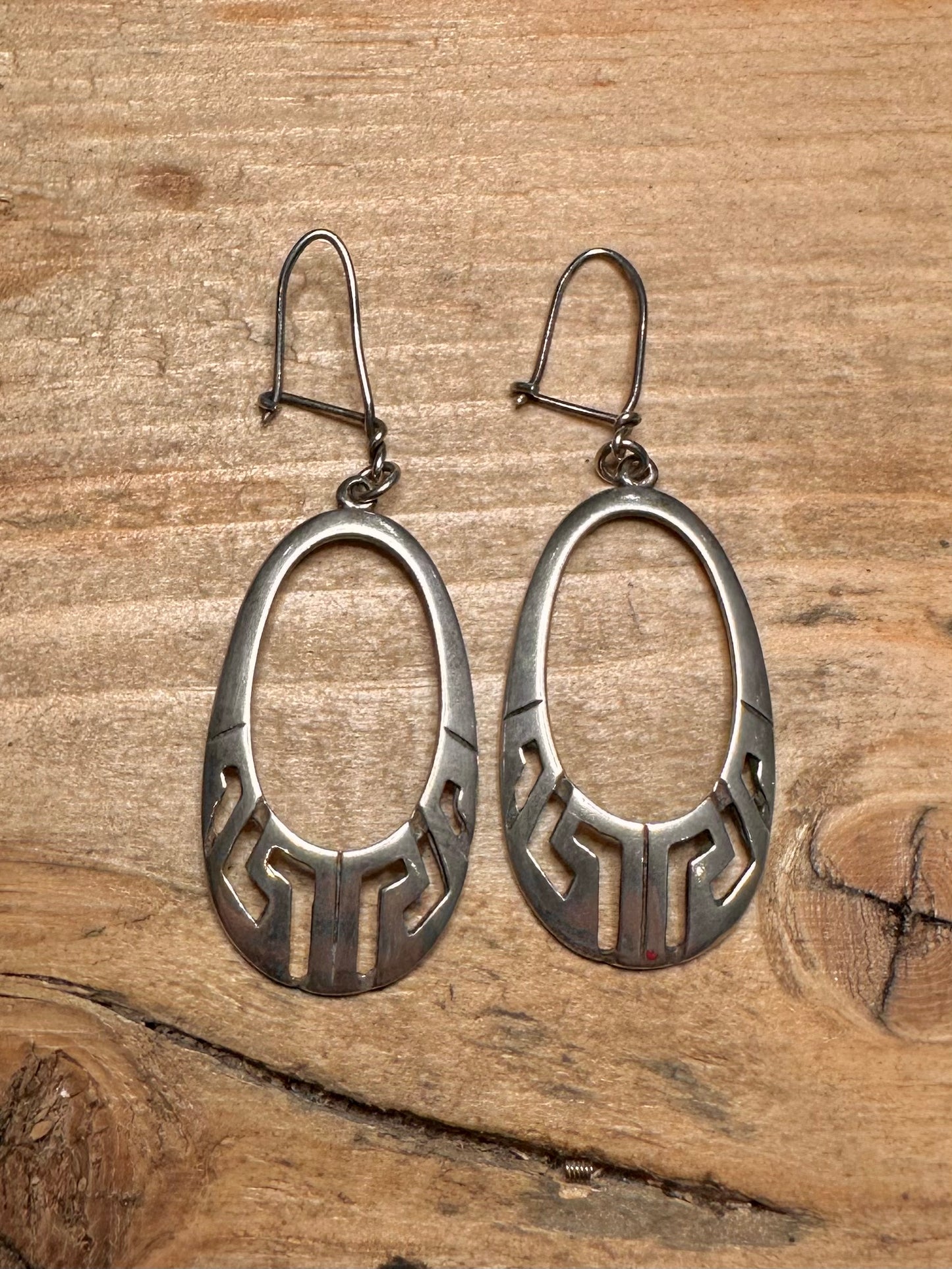 Vintage Greek Key Oval 925 Silver Earrings