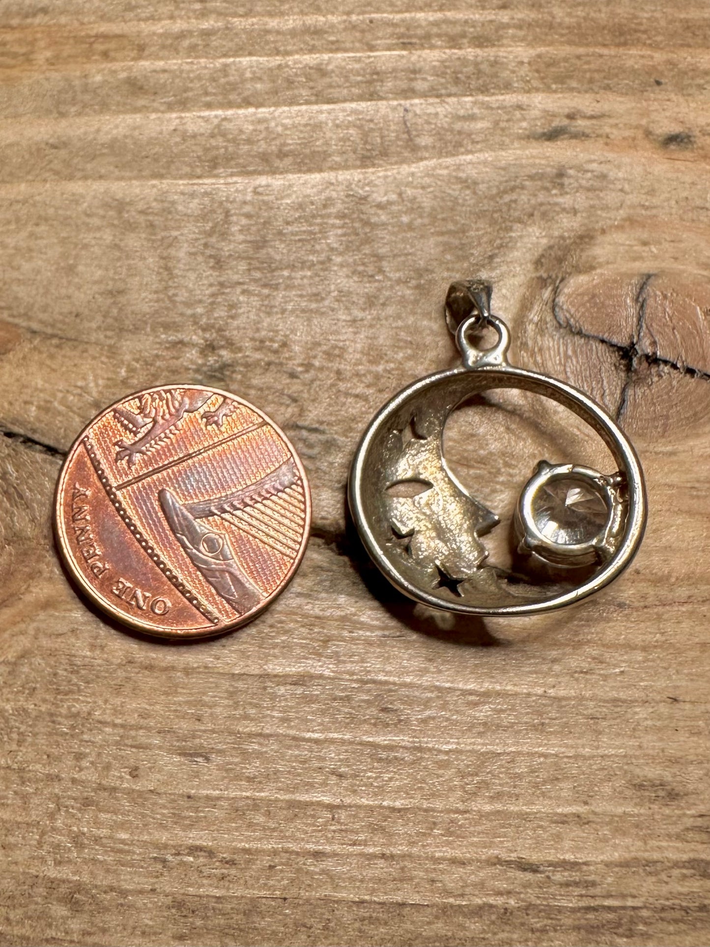 Vintage Moon and Large CZ Stone 925 Silver Pendant
