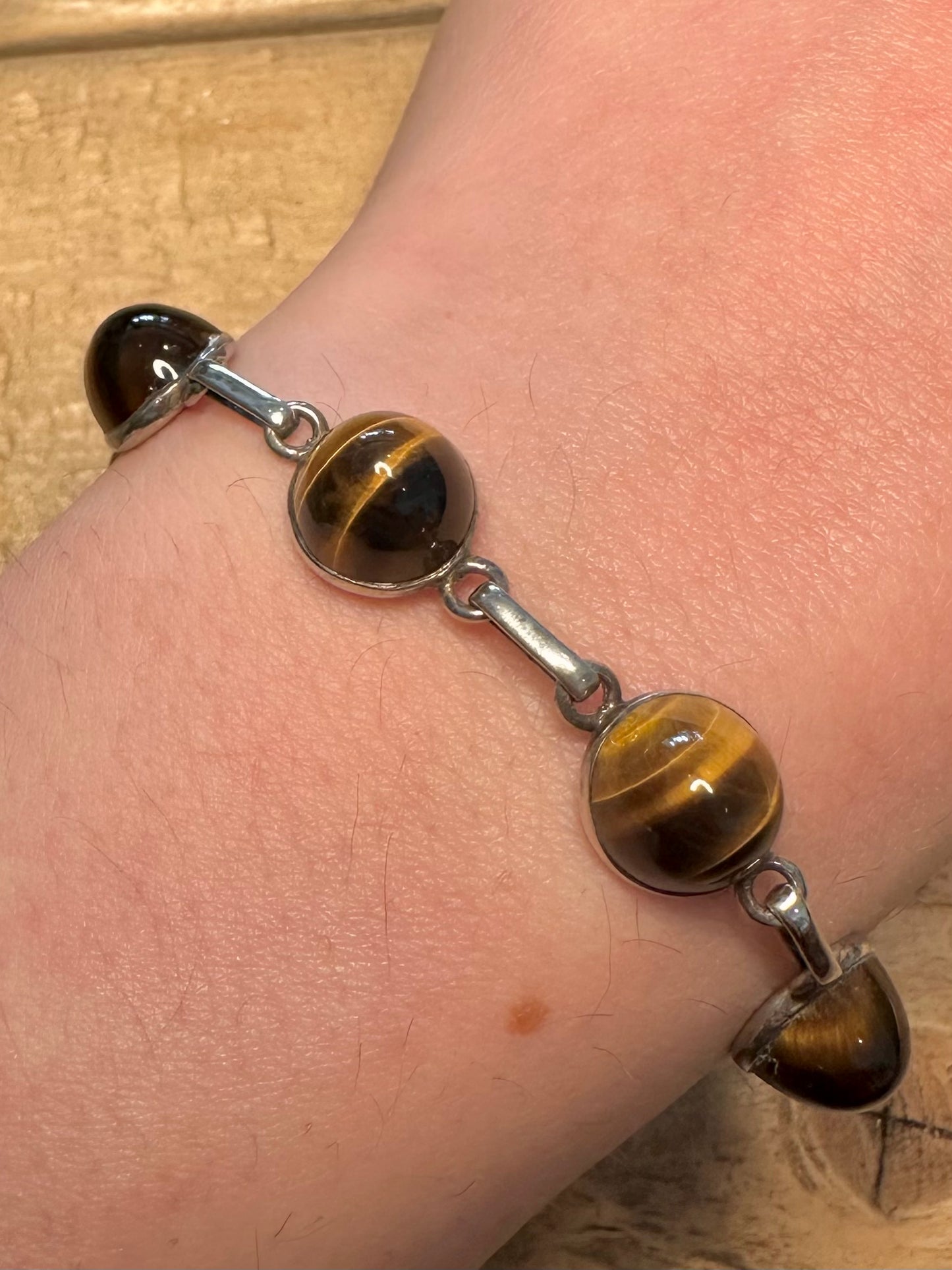 Vintage Tigers Eye Link 925 Silver 8 inch Bracelet