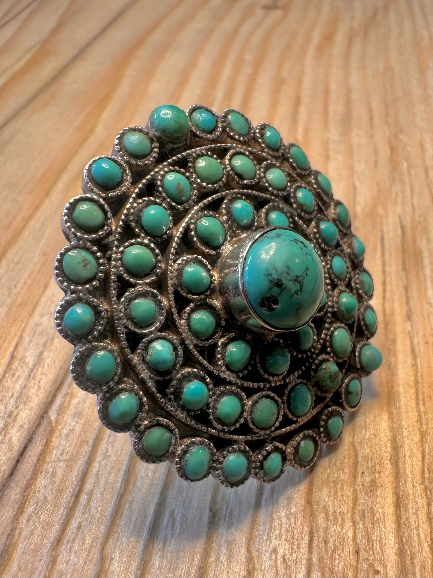 Vintage Turquoise Circle Cluster 925 Sterling Silver Adjustable Size N Ring