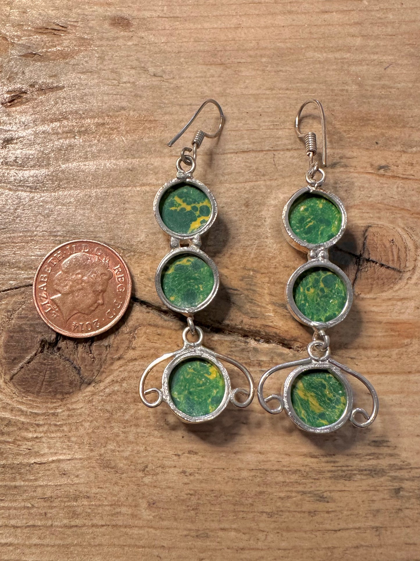 Vintage Green Dangle Circle 925 Silver Earrings