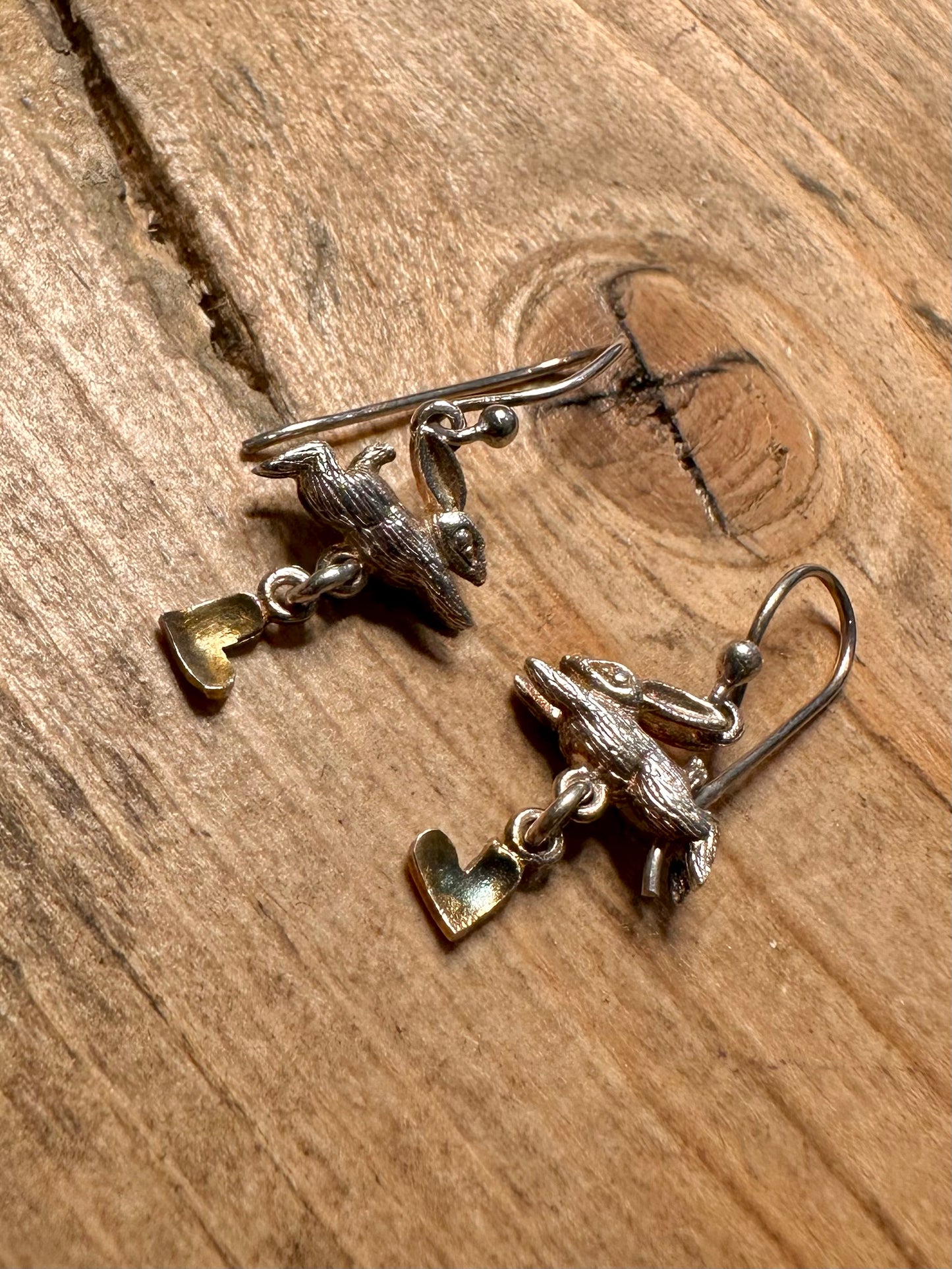 Vintage Rabbit and Gold Hearts 925 Silver Earrings