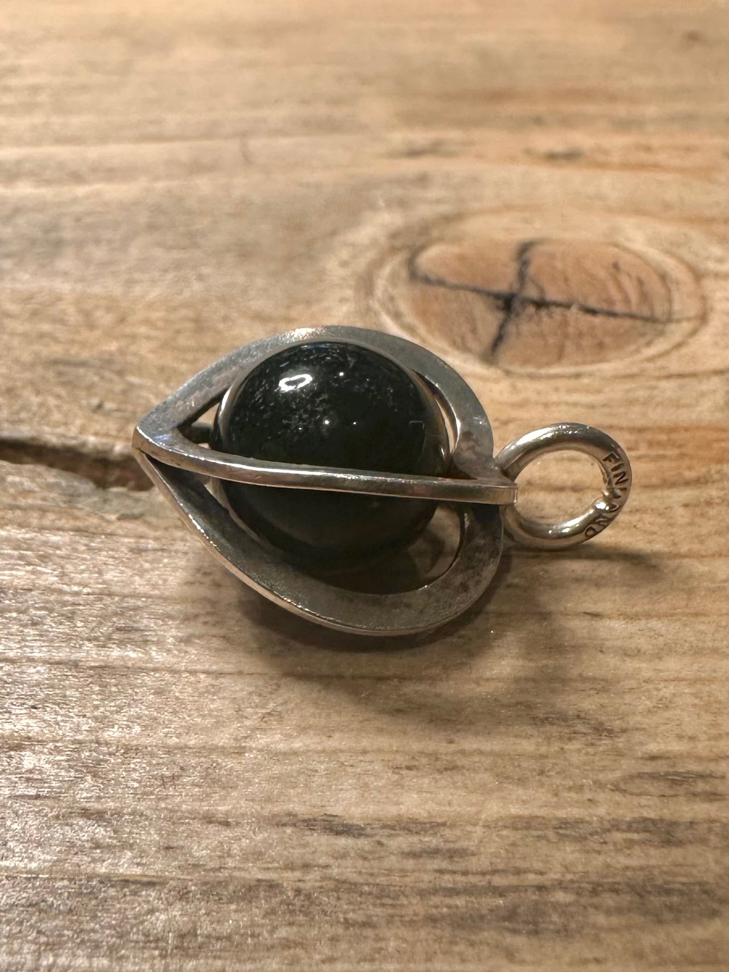 Vintage Elis Kauppi Dark Stone Ball Heart Finland 925 Silver Pendant