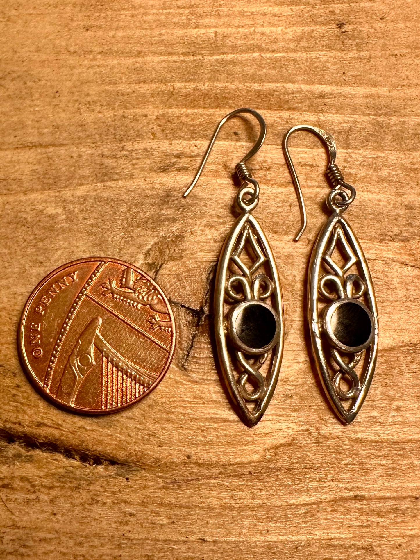 Vintage Ornate Black Dangle 925 Silver Earrings