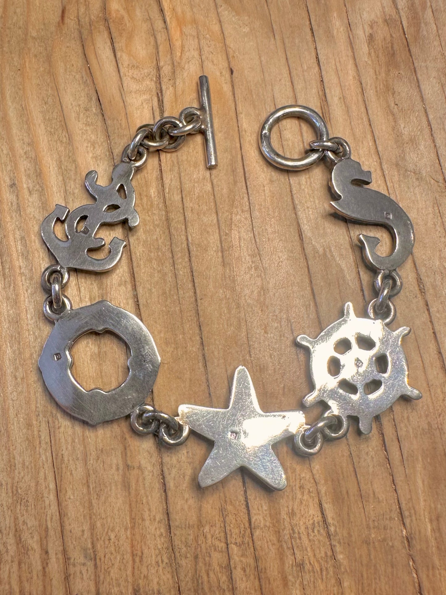 Vintage Nautical Chain Starfish Seahorse Anchor 925 Silver Egyptian 8 inch Bracelet