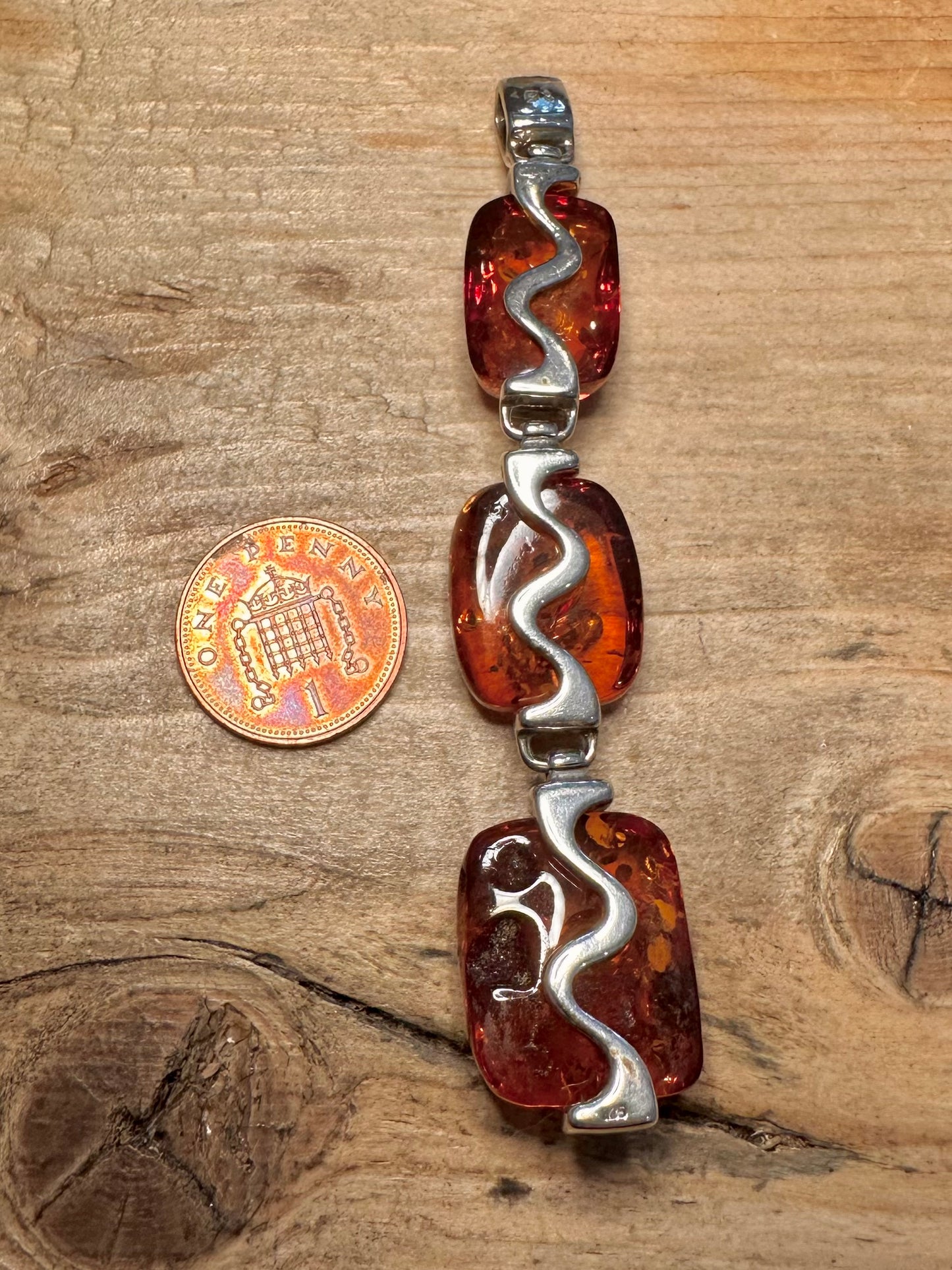 Abstract 2006 Three Amber 925 Silver Pendant