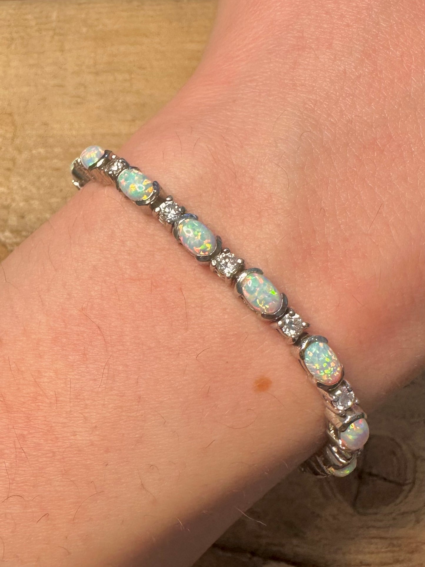 Vintage Opal and White Stone 925 Silver 7.2 inch Bracelet