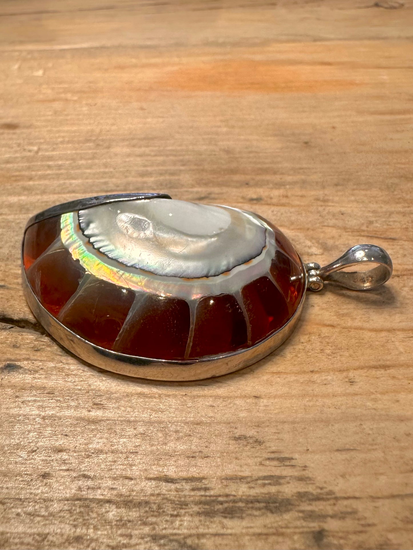 Abstract Large Red Nautilus Shell 925 Silver Pendant