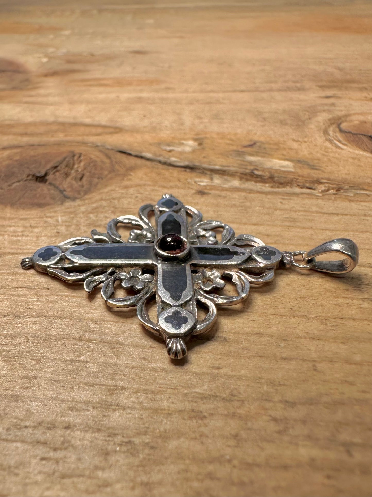 Vintage Garnet Cross 925 Silver Pendant