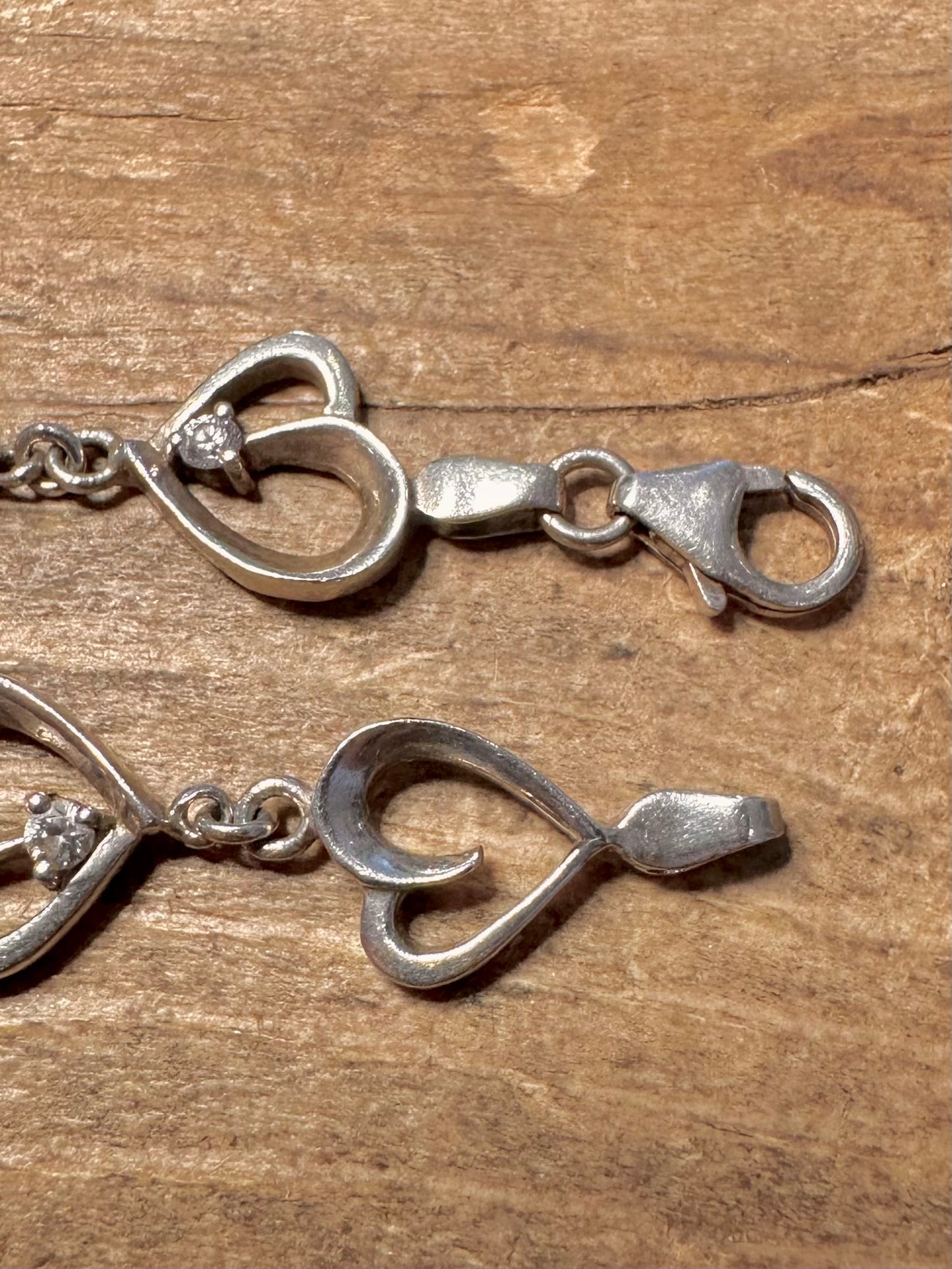 Vintage Heart CZ Stone 925 Silver 7 inch Bracelet