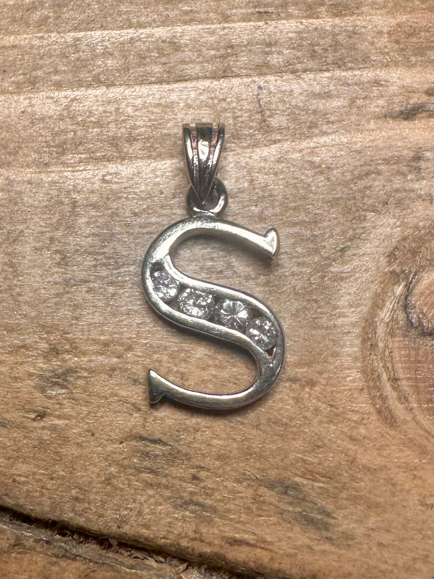 Vintage S Letter CZ Stone 925 Silver Pendant