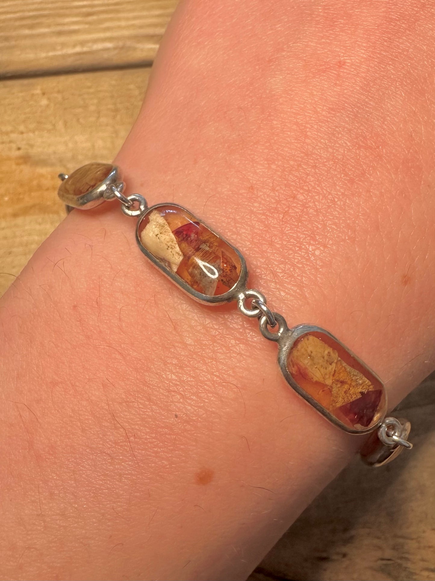 Vintage Dried Flower Oval 925 Silver 7.5 inch Bracelet