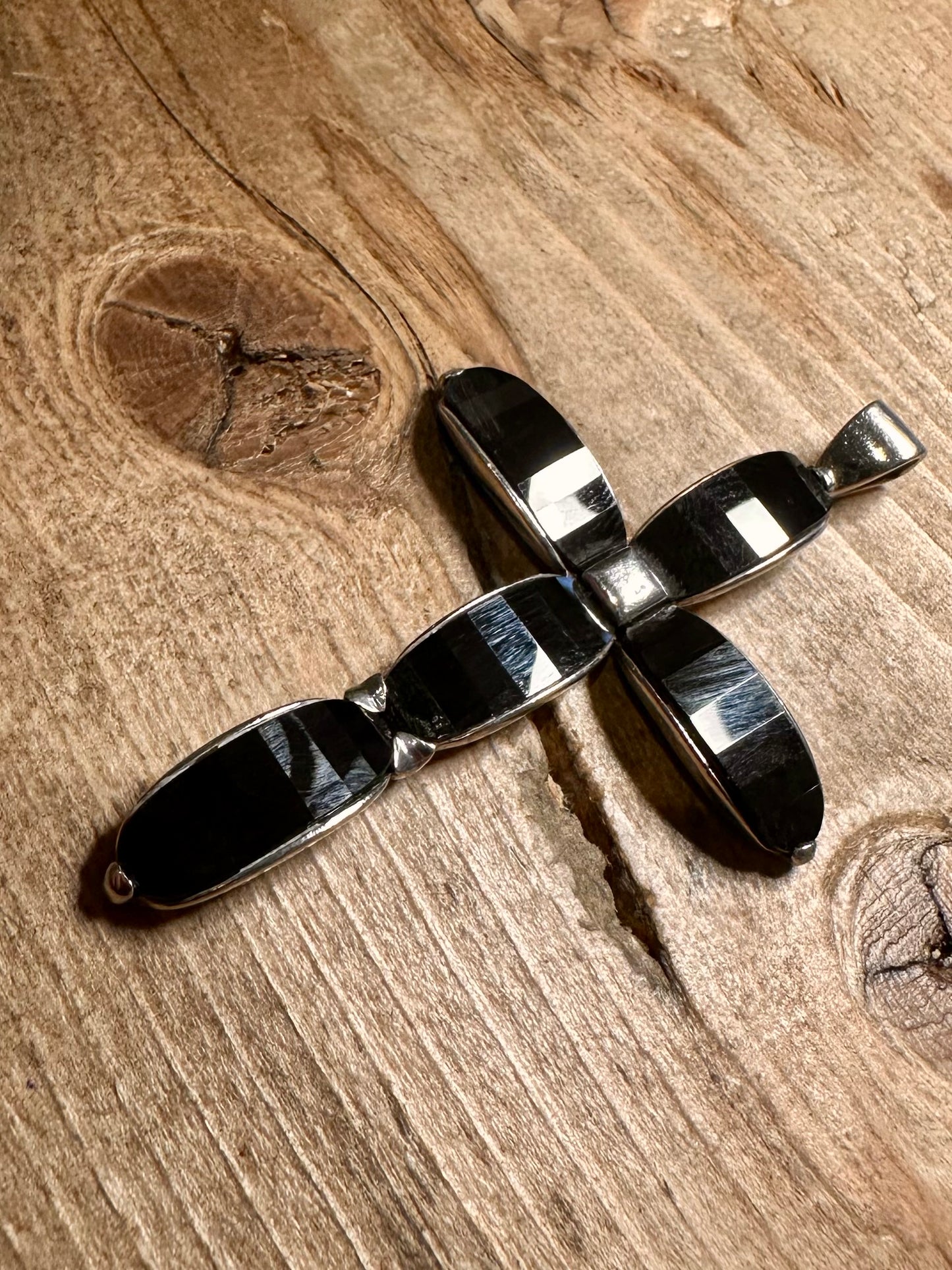 Modern Black Stone Cross 925 Silver Pendant