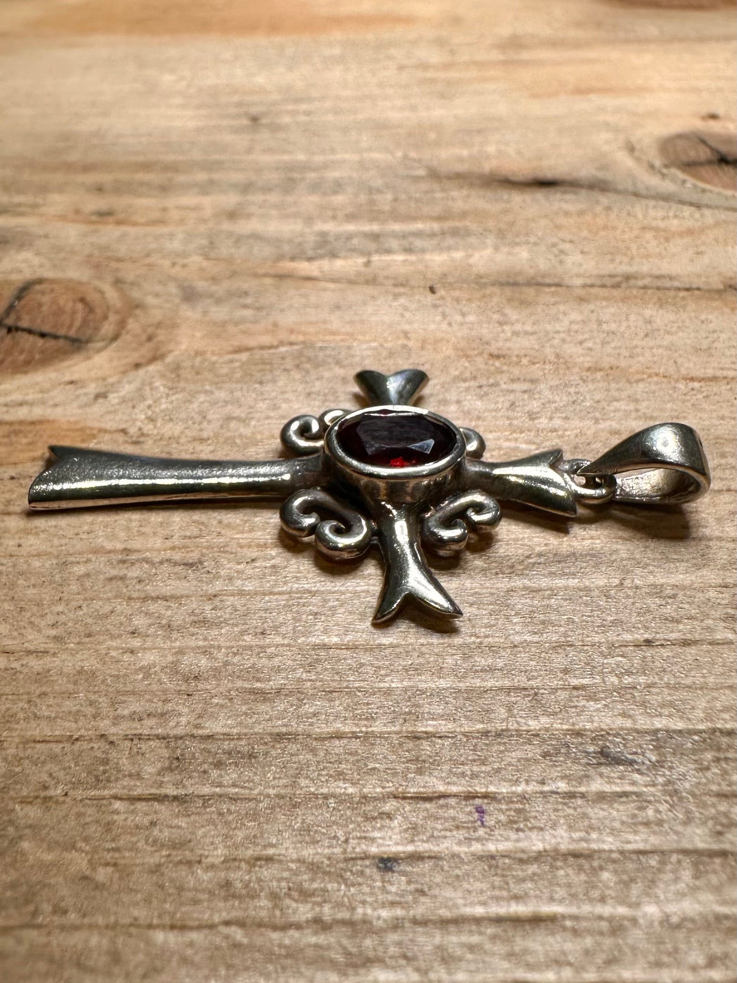 Vintage Garnet Cross 925 Silver Pendant