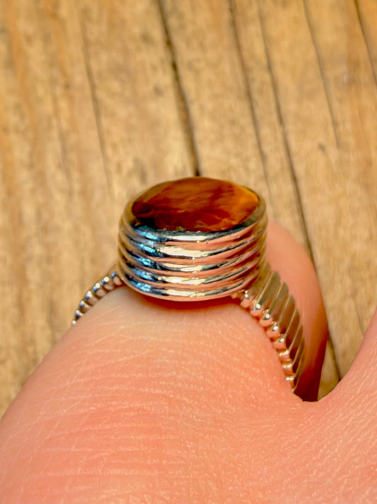 Tigers Eye Faceted Textured 925 Sterling Silver Size O Ring