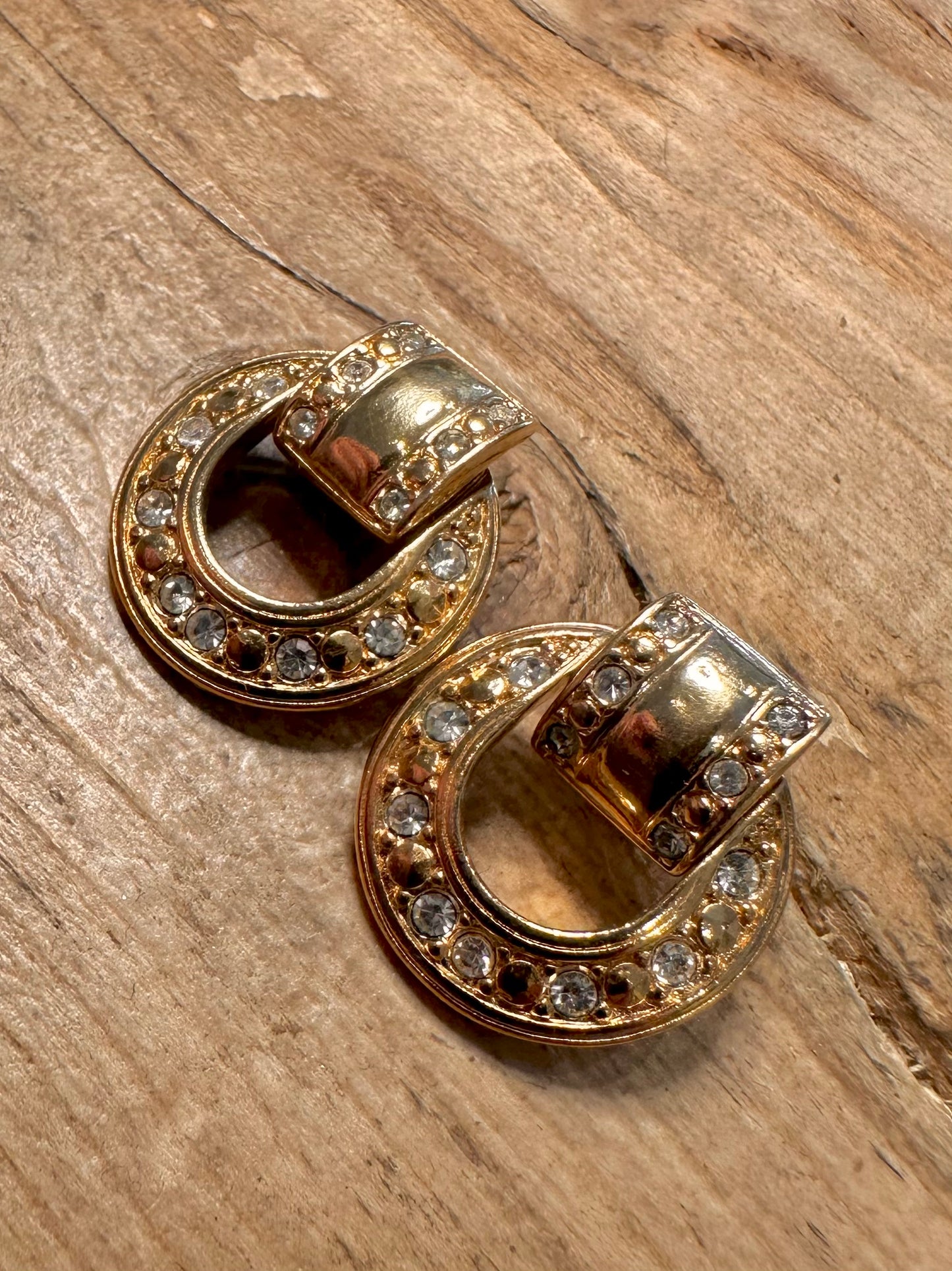 Vintage Circle White Stone Gold Costume Earrings