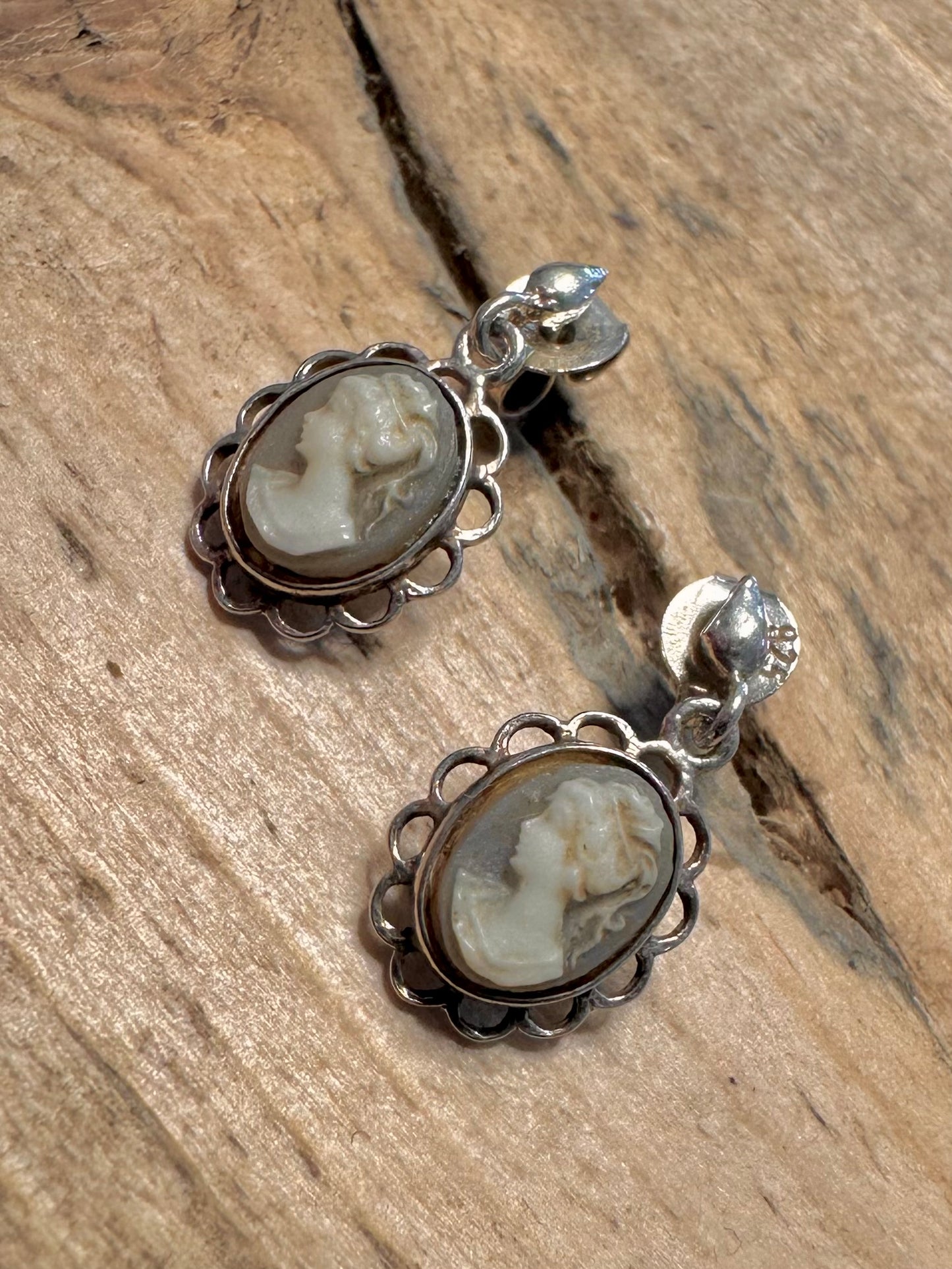 Vintage Green Cameo 925 Silver Earrings