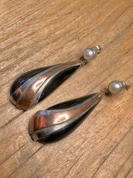 Abstract Onyx Pearl Rose Gold on 925 Sterling Silver Earrings