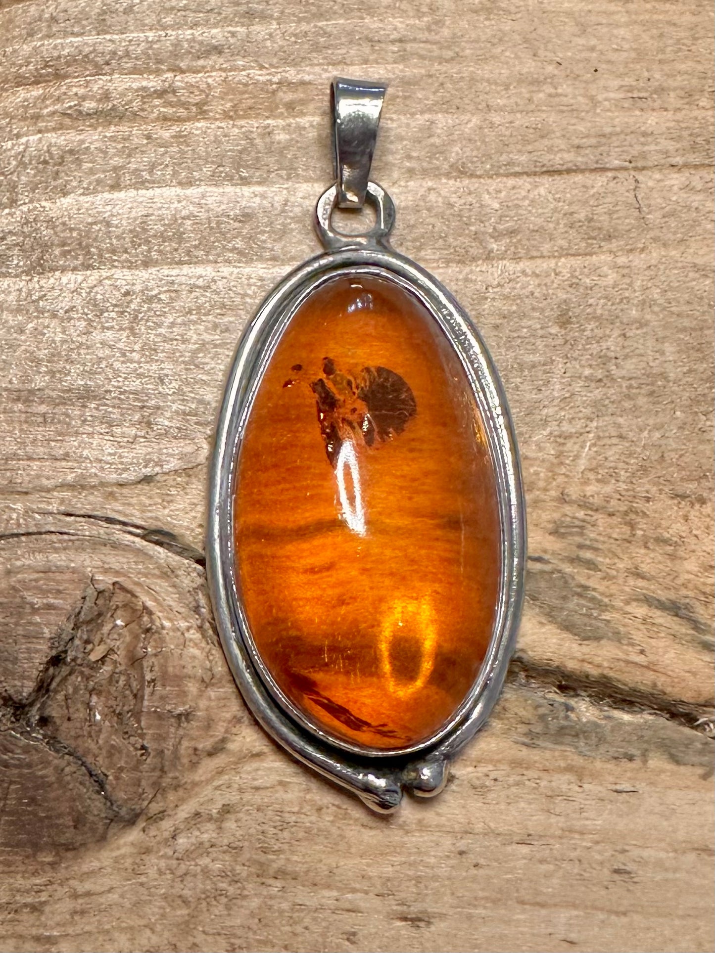 Vintage Elongated Amber 925 Silver Pendant