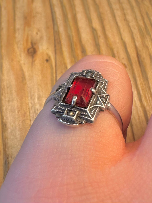 Art Deco Red Stone and Marcasite 935 Silver Size M Ring