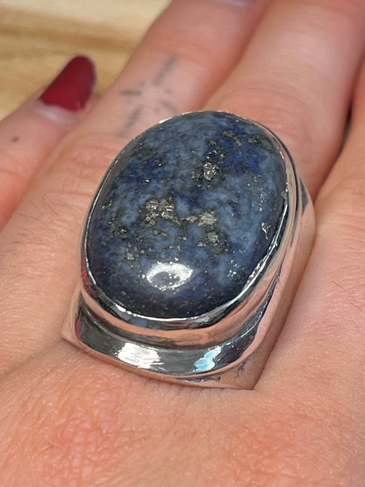 Large Oval Blue Lapis 925 Sterling Silver Size Q1/2 Ring