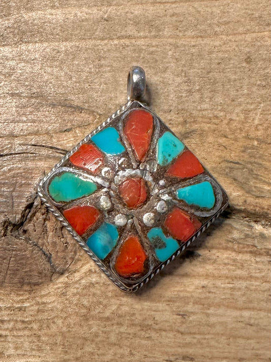 Vintage Coral and Turquoise Inlay Tibetan 925 Silver Pendant