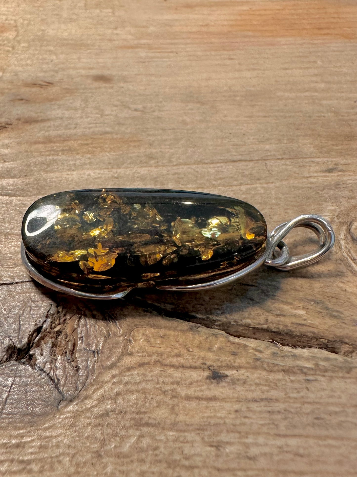 Modern Green Amber 925 Silver Pendant