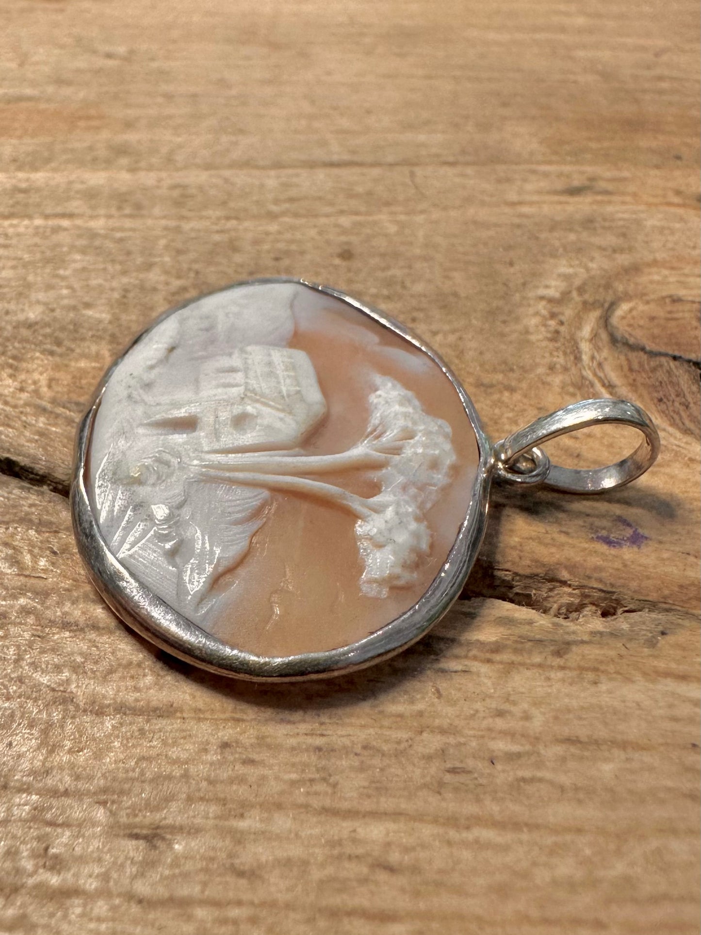 Vintage Hand Caved House Scene Cameo 925 Silver Pendant