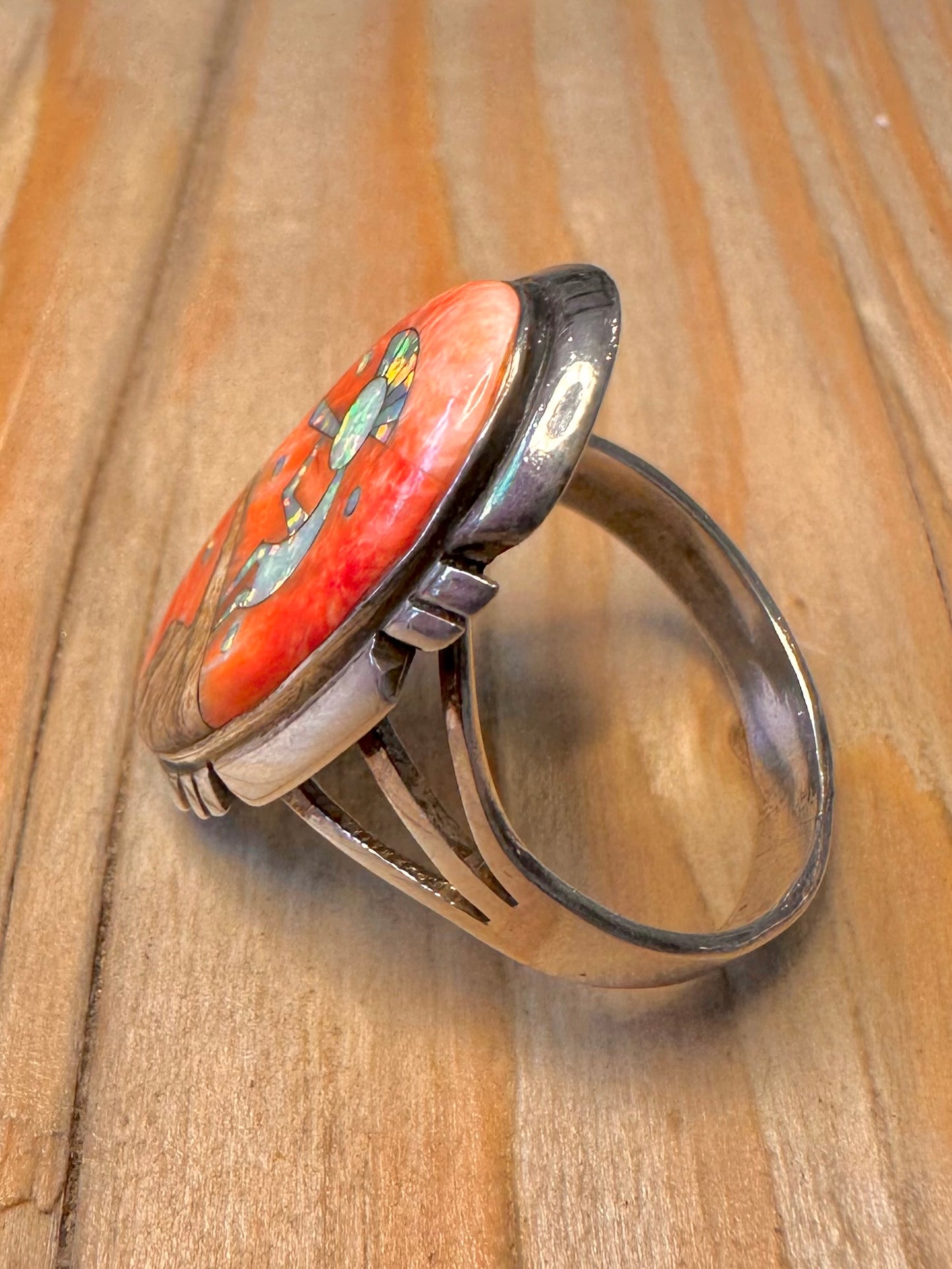 Vintage Navajo Kokopelli Mosaic Stones 925 Sterling Silver Size V1/2 Ring