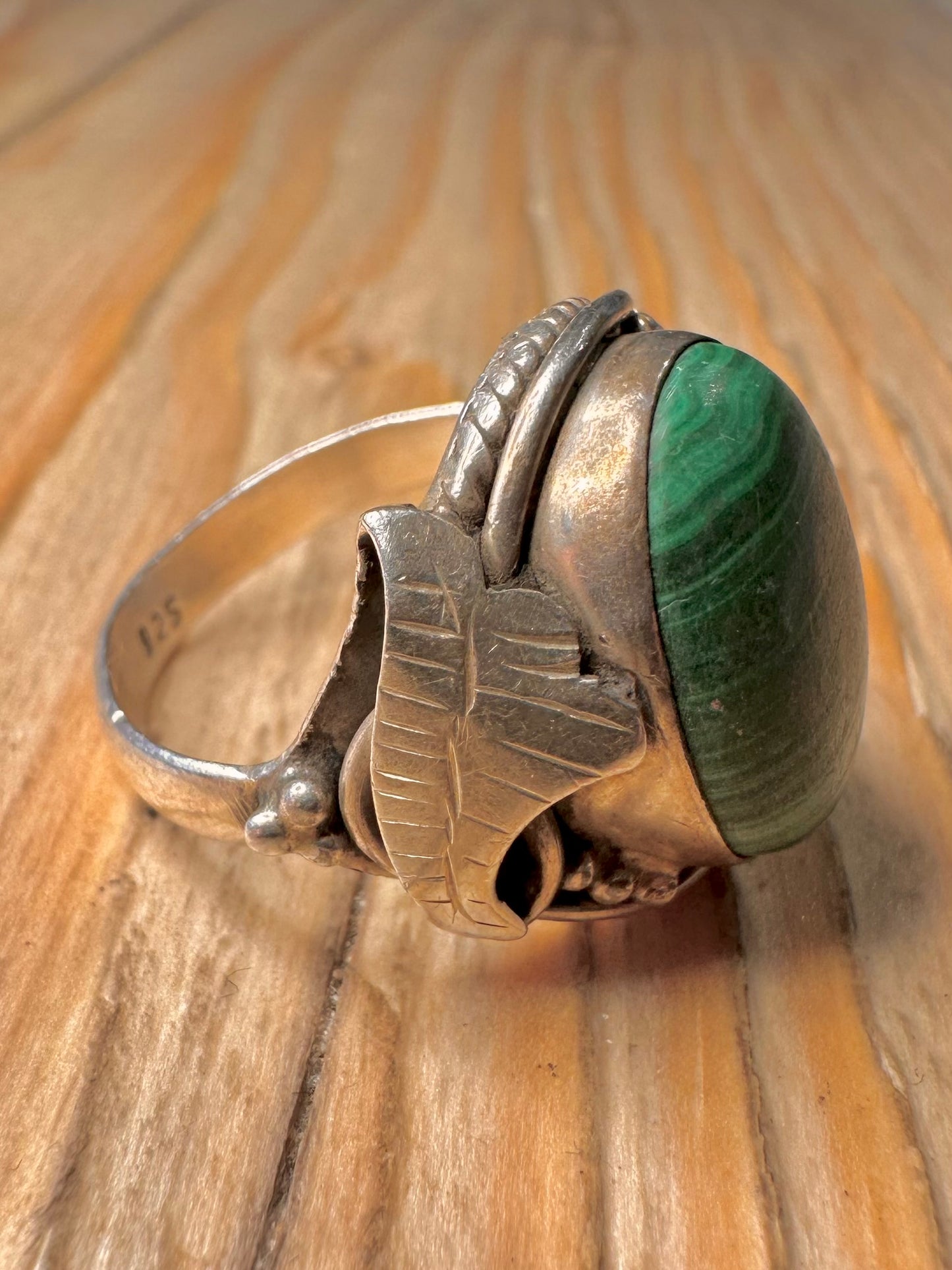 Vintage Navajo Malachite 925 Sterling Silver Size P Ring