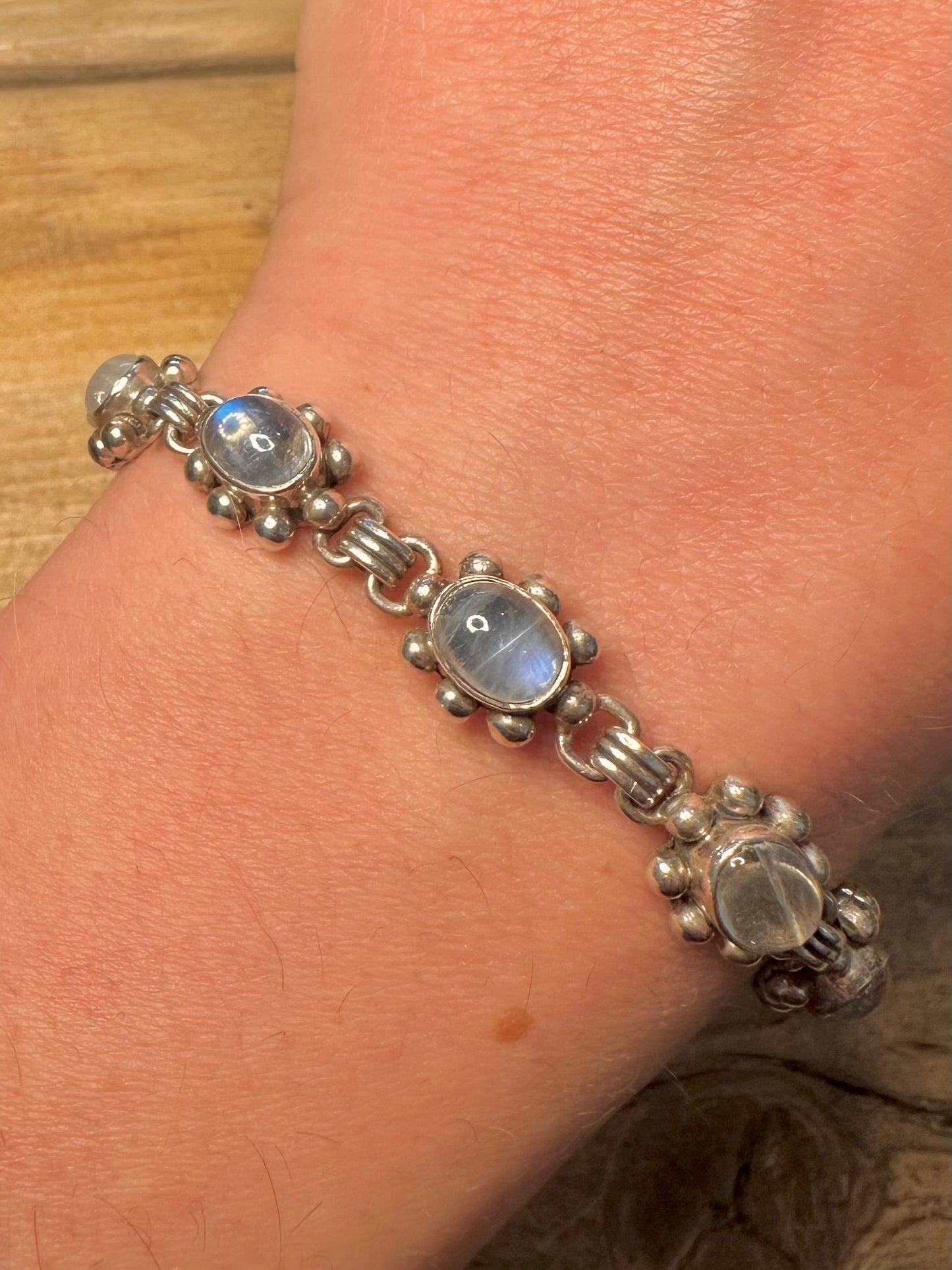 Vintage Boho Moonstone Indian 925 Silver 7.1 inch Bracelet