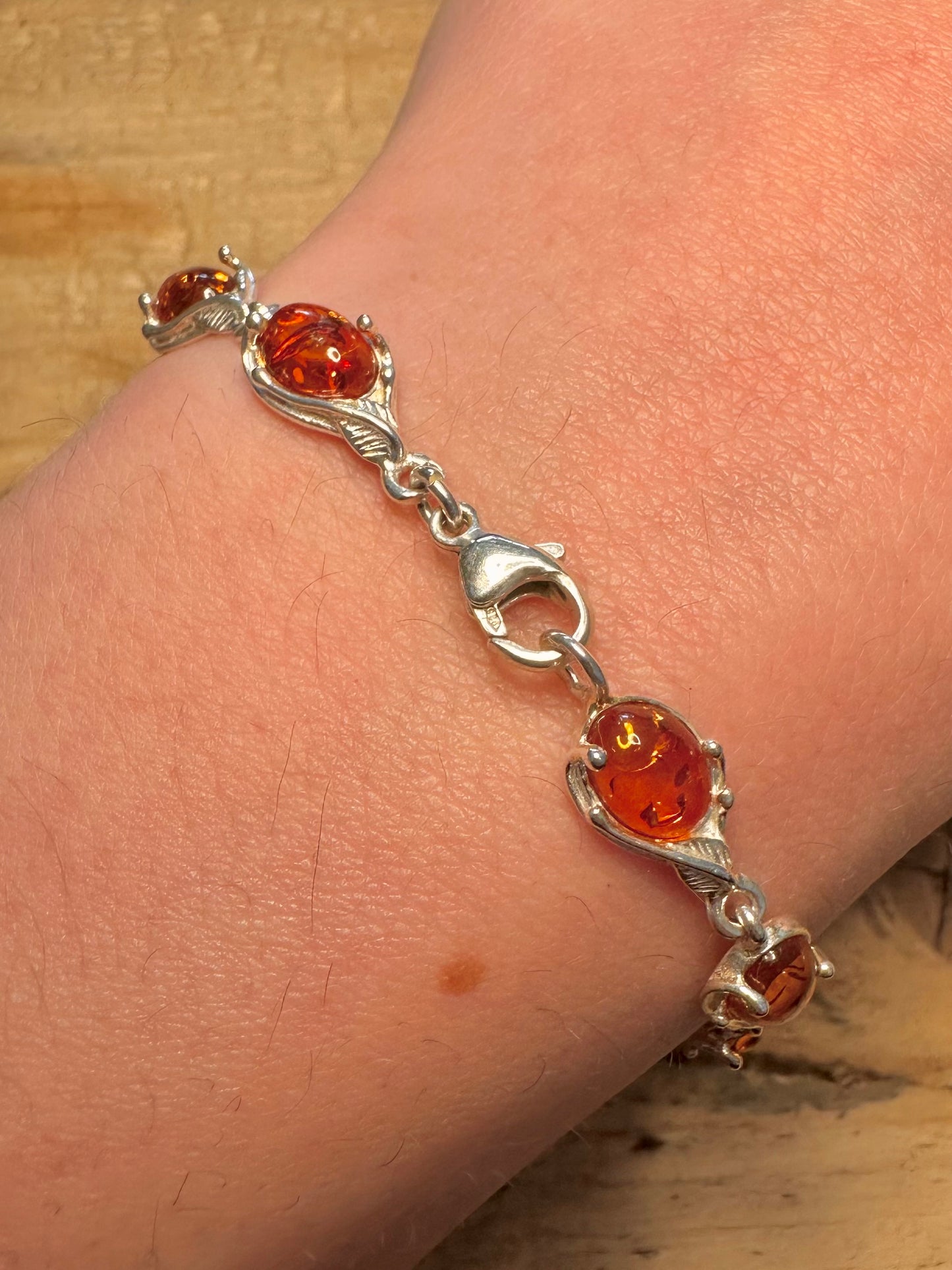 Vintage Unique Amber Link 925 Silver 7 inch Bracelet