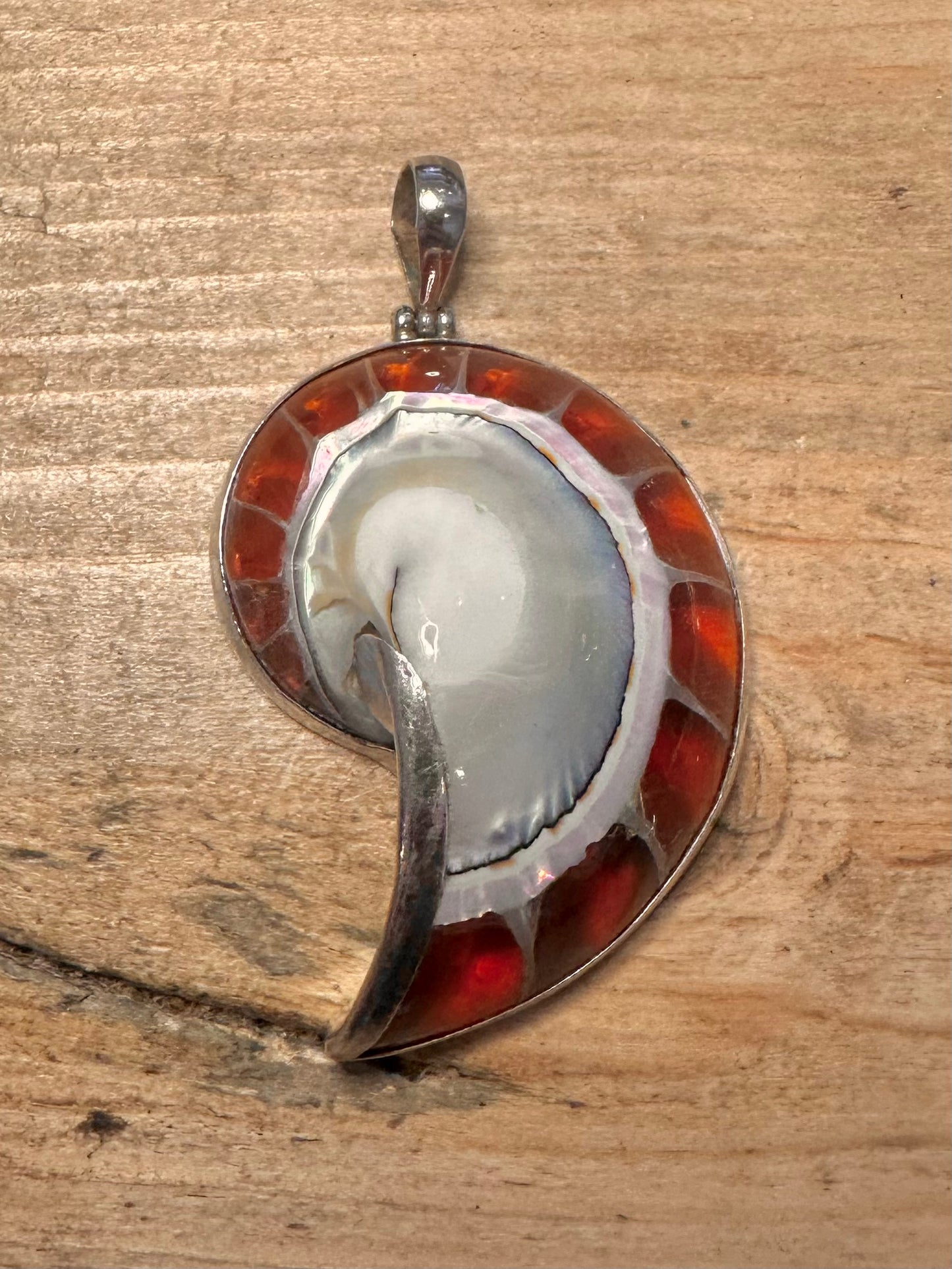Abstract Large Red Nautilus Shell 925 Silver Pendant
