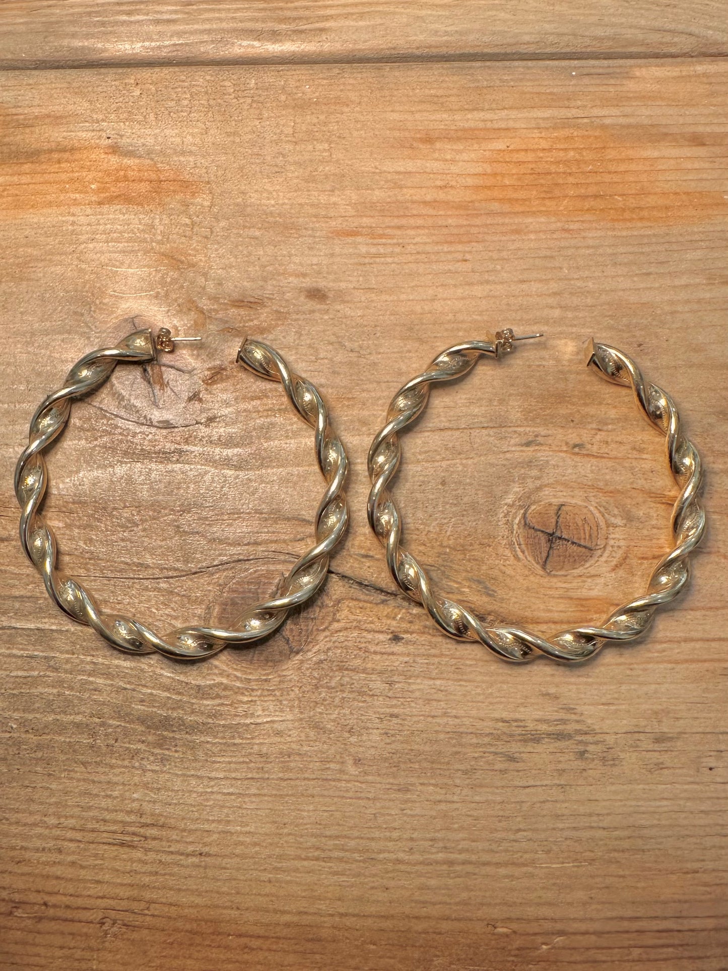 Vintage Chunky Textured Twisted Gold on 925 Silver Hoop Earrings