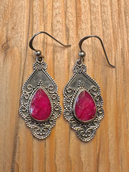 Vintage Ruby Ornate 925 Silver Earrings