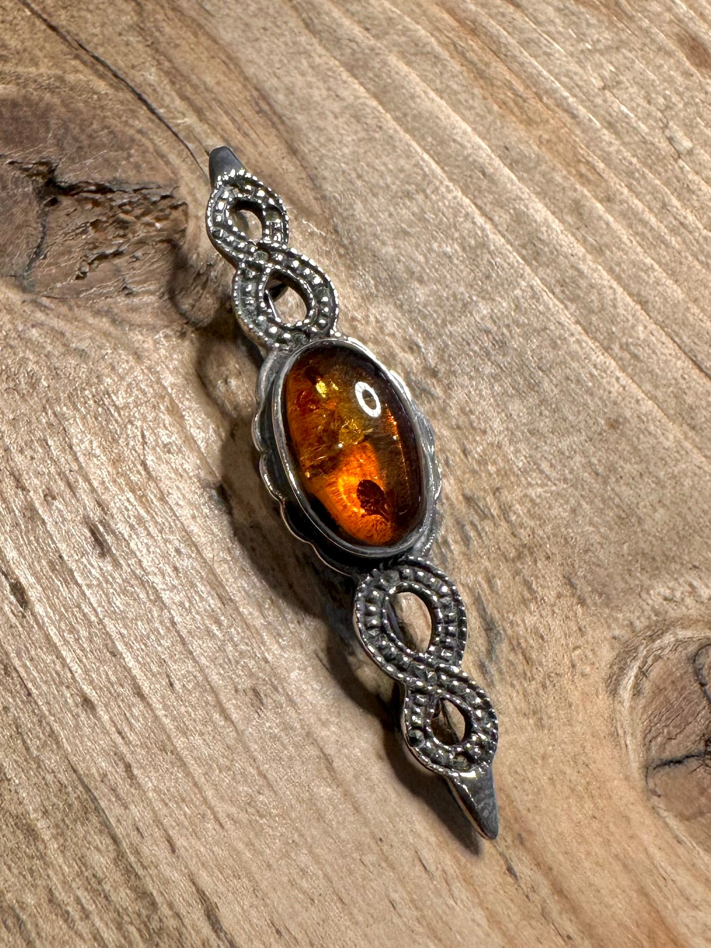 Vintage Amber 925 Silver Brooch