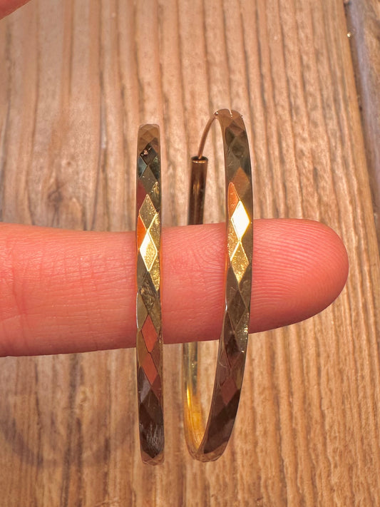 Vintage Gold Textured Large Hoops 925 Sterling Silver Earrings